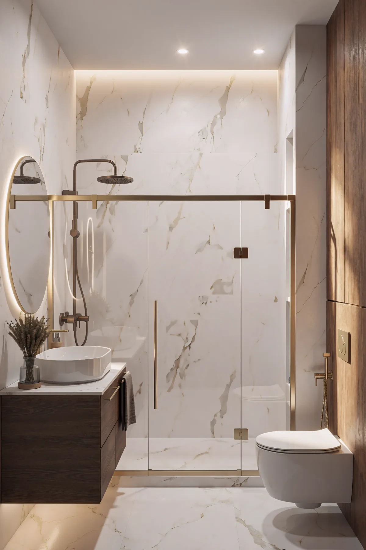 1BR Al Barari, bathroom with white marble, gold fixtures and a dark wood vanity, Al Barari, Dubai, UAE