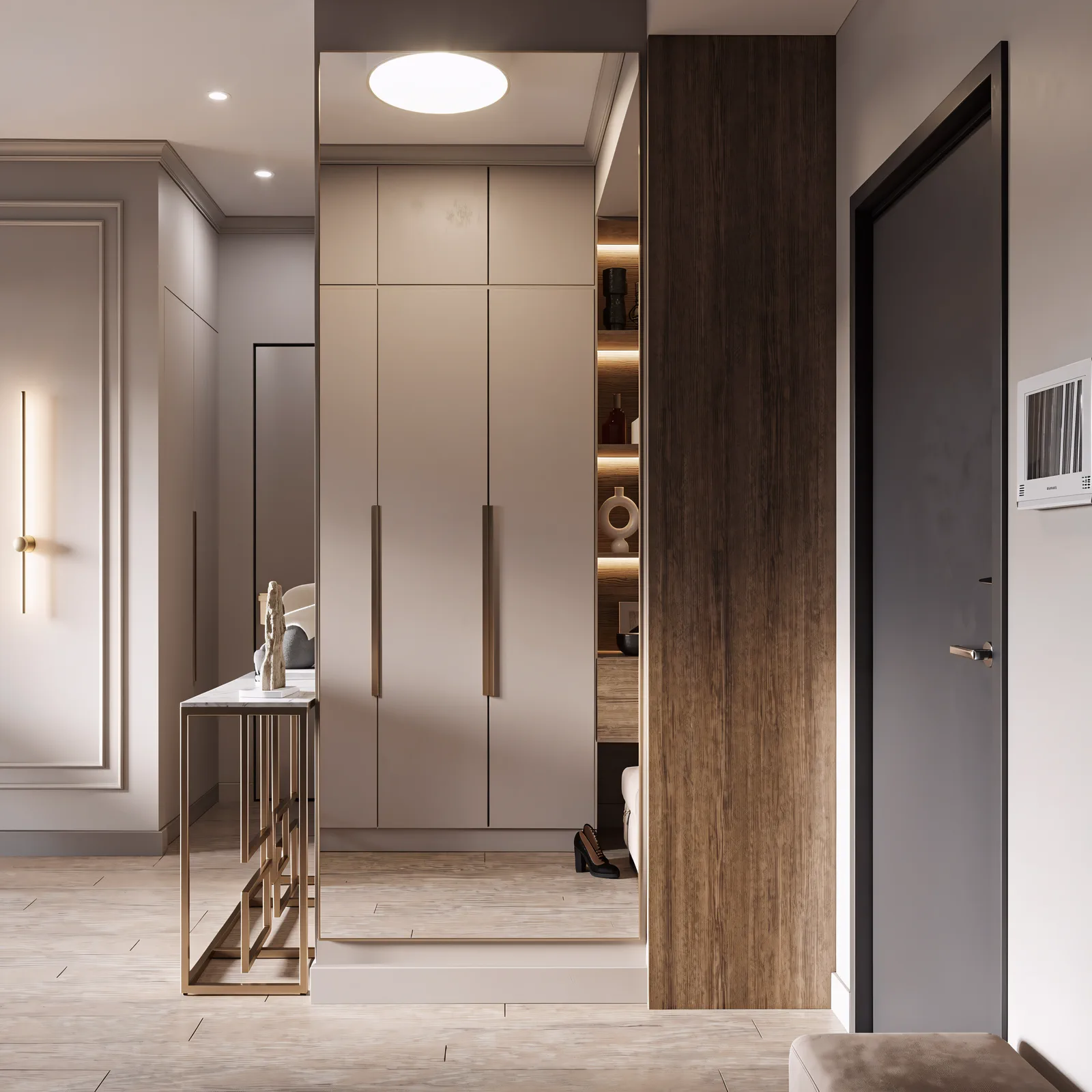 1BR Al Barari, entryway with built-in wardrobe, lit niches and a console table, Al Barari, Dubai, UAE