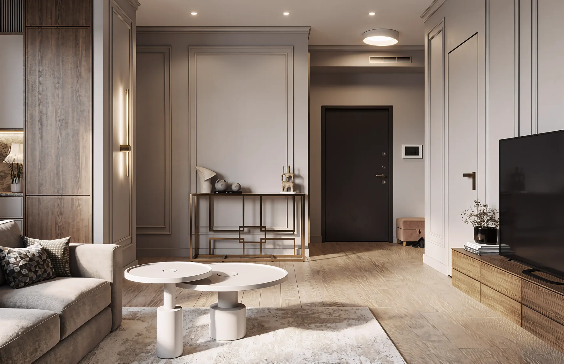 1BR Al Barari, living room with a gold console and mouldings by the entrance door, Al Barari, Dubai, UAE