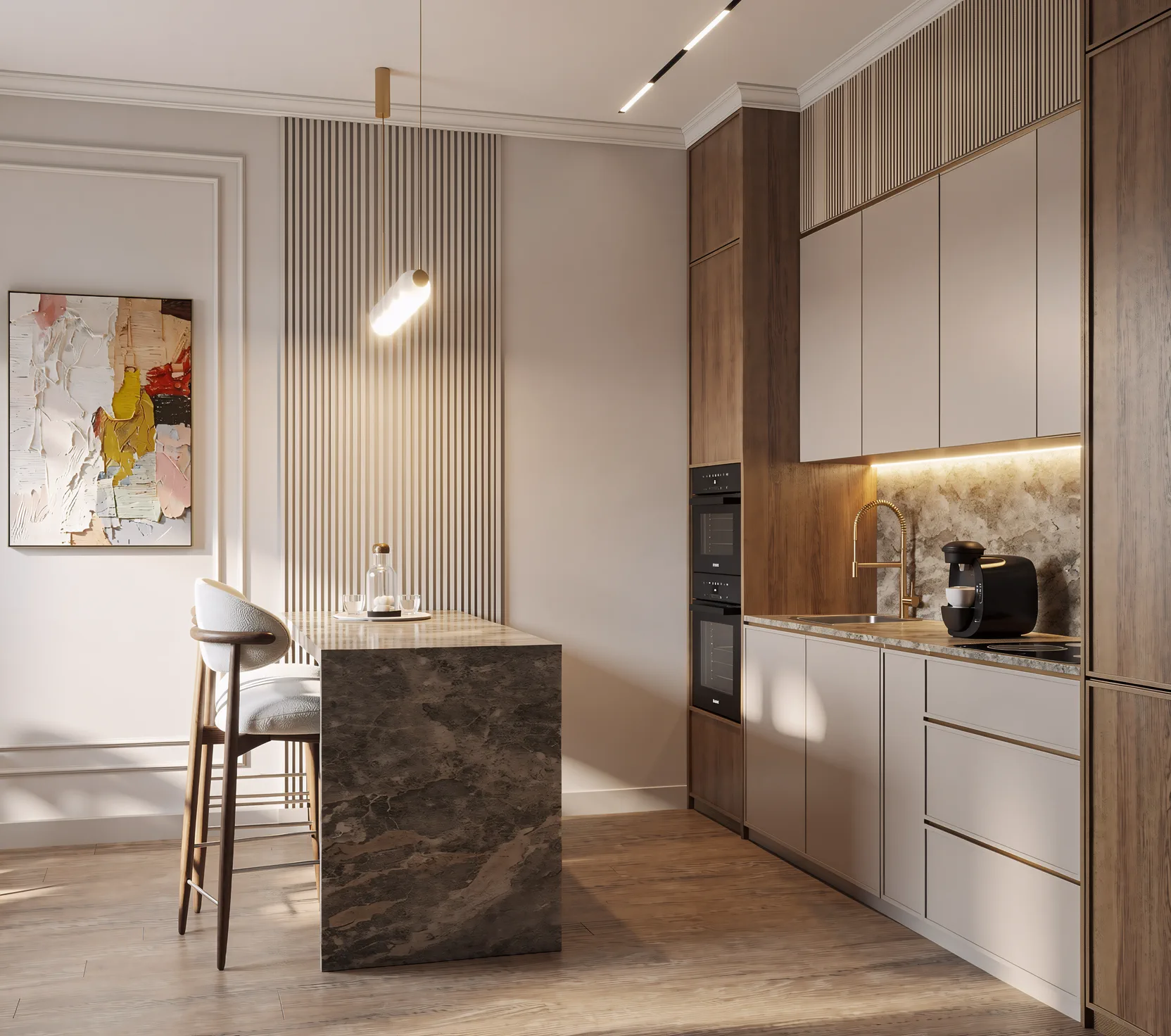 1BR Al Barari, kitchen with a marble island, gold faucet and fluted wood wall, Al Barari, Dubai, UAE