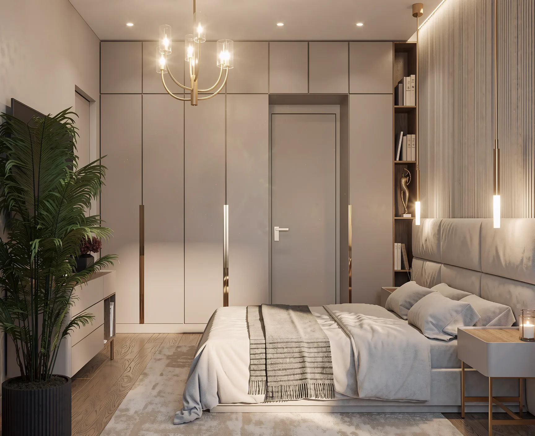 1BR Al Barari, bedroom with built-in wardrobe, fluted wall and gold chandelier, Al Barari, Dubai, UAE