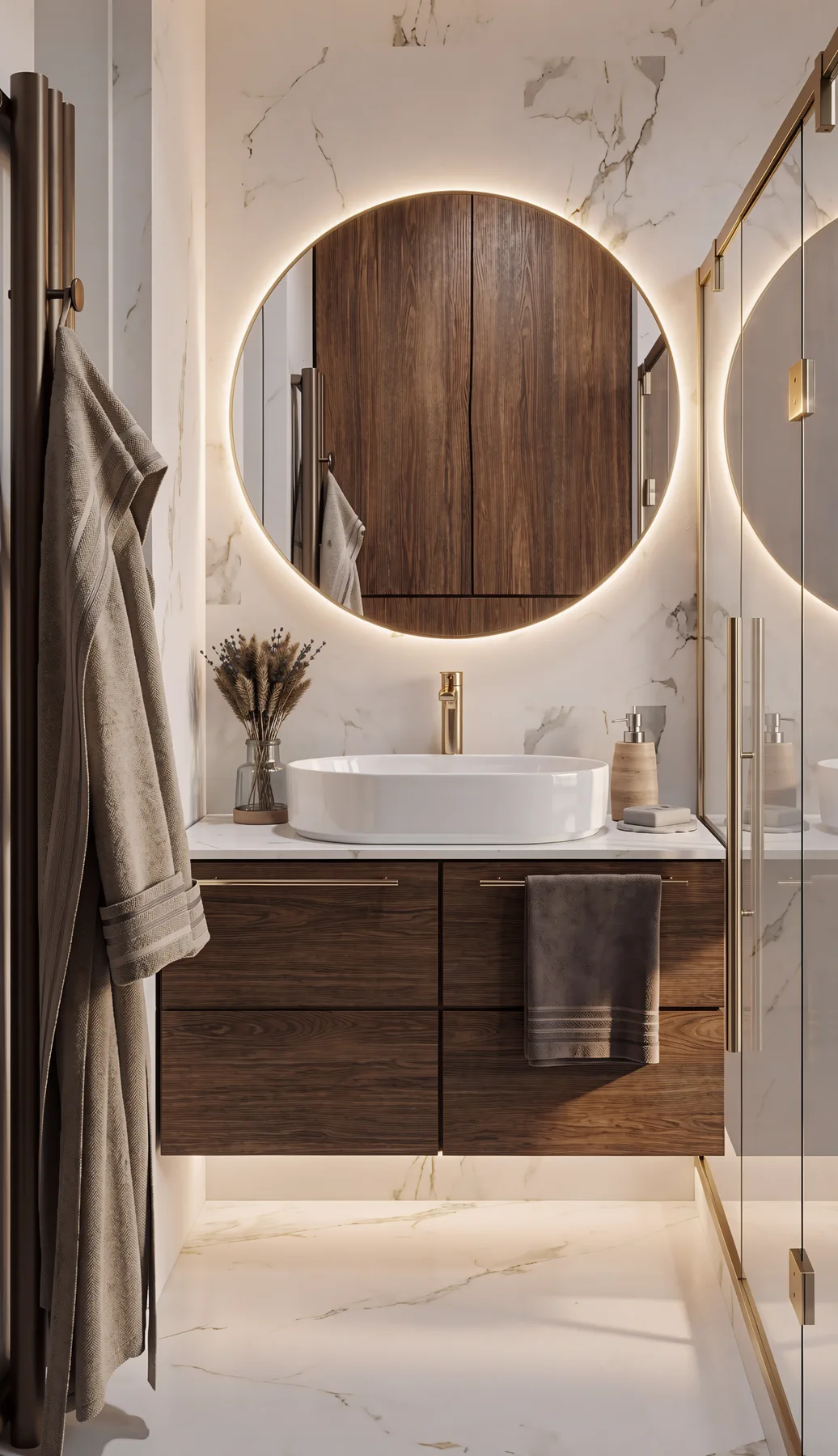 1BR Al Barari, bathroom with a backlit round mirror and dark wood vanity, Al Barari, Dubai, UAE