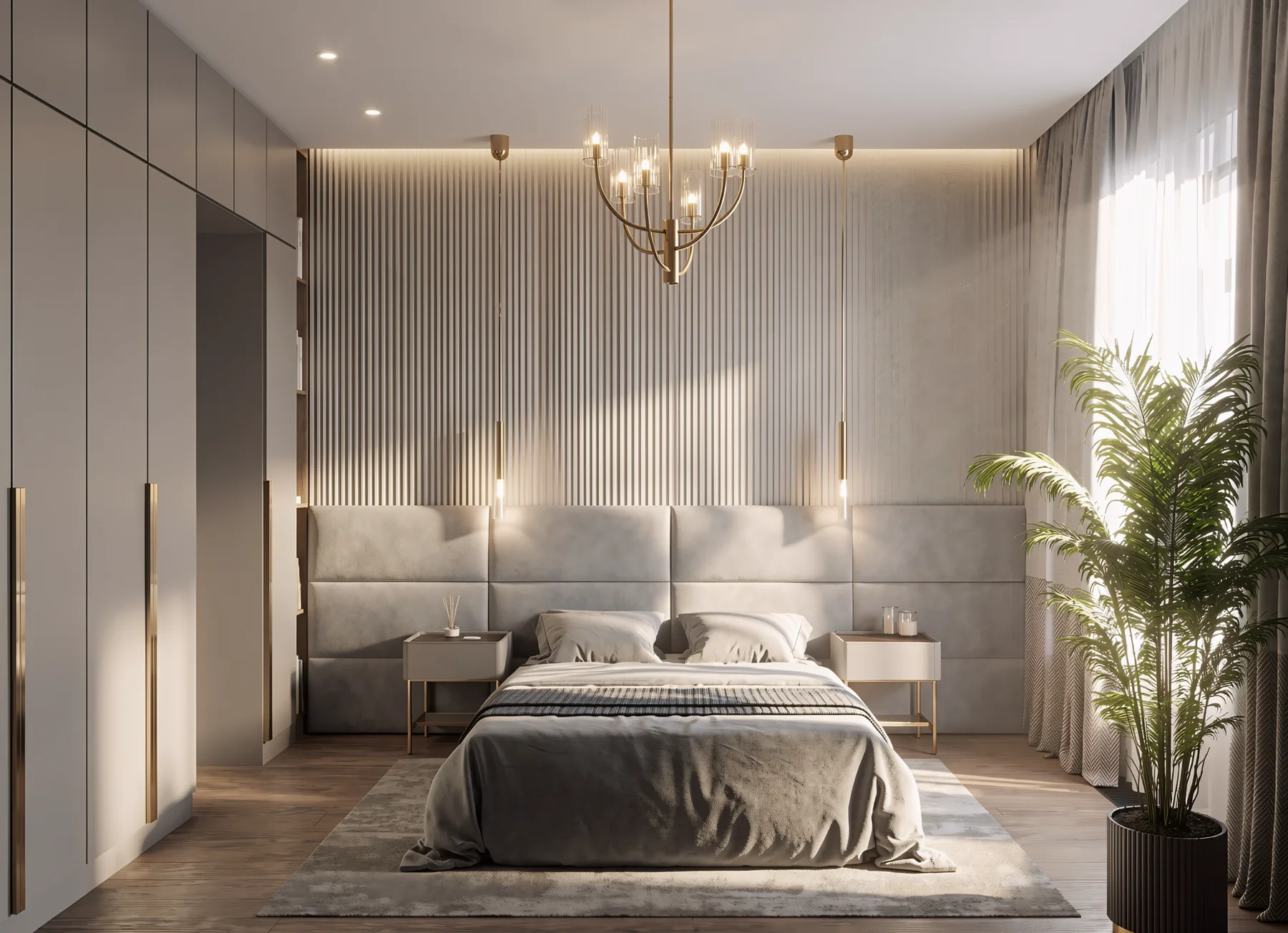 1BR Al Barari, bedroom with a fluted wall, gold chandelier and large window, Al Barari, Dubai, UAE