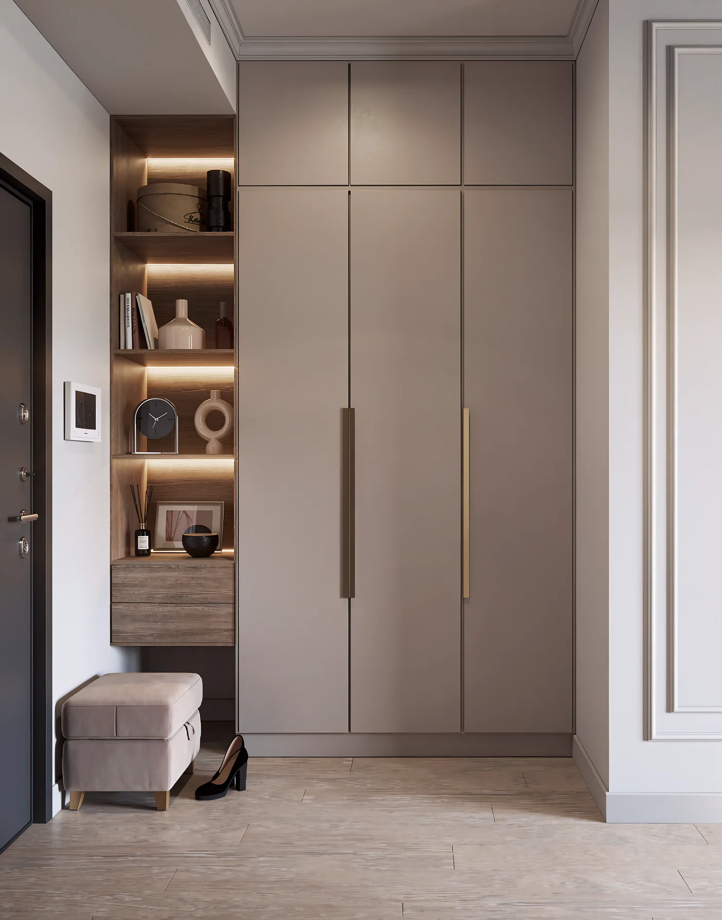 1BR Al Barari, entryway with a full-height built-in wardrobe and a lit niche, Al Barari, Dubai, UAE