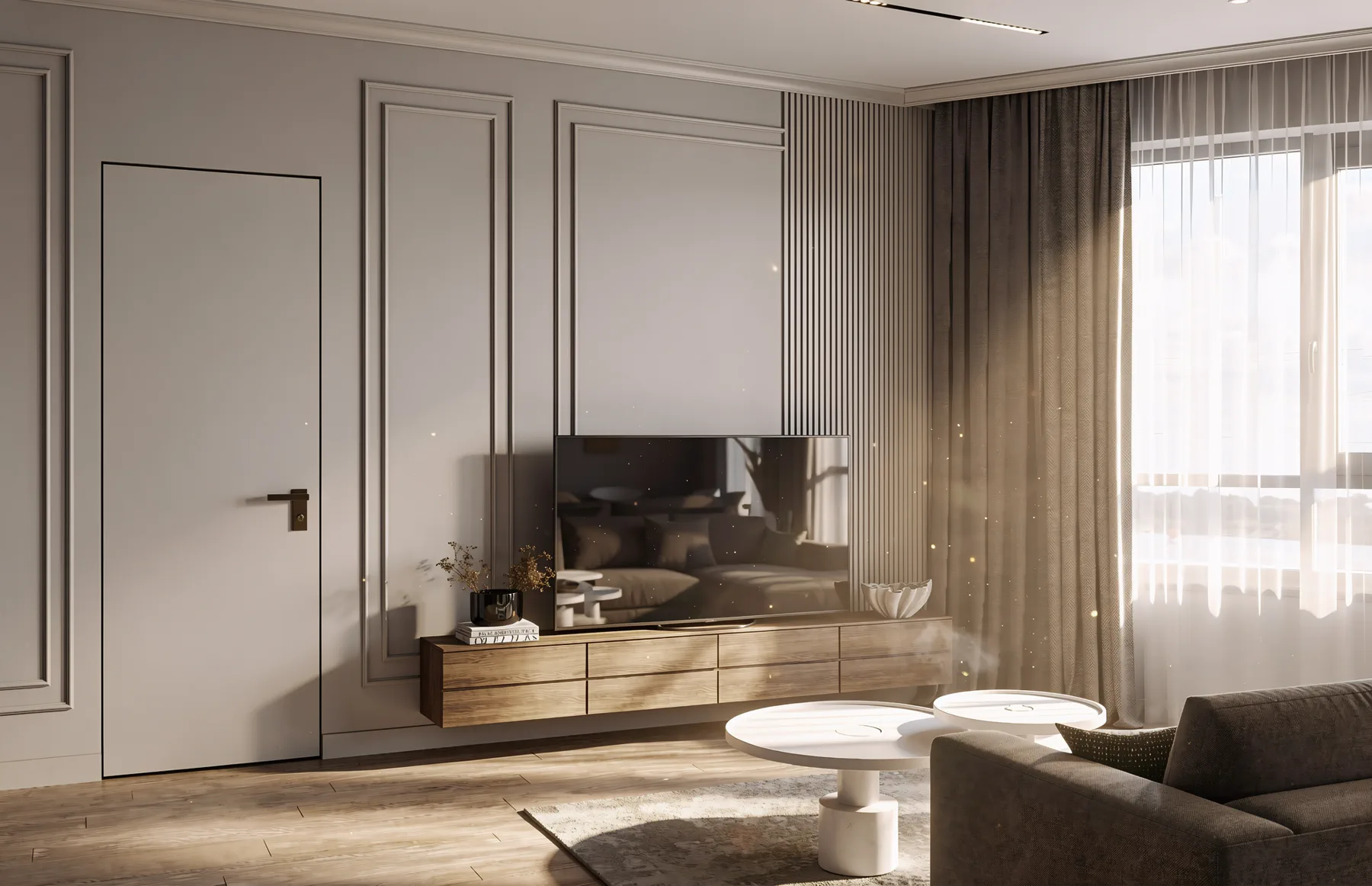 1BR Al Barari, living room TV area with wall mouldings and fluted wood panel, Al Barari, Dubai, UAE