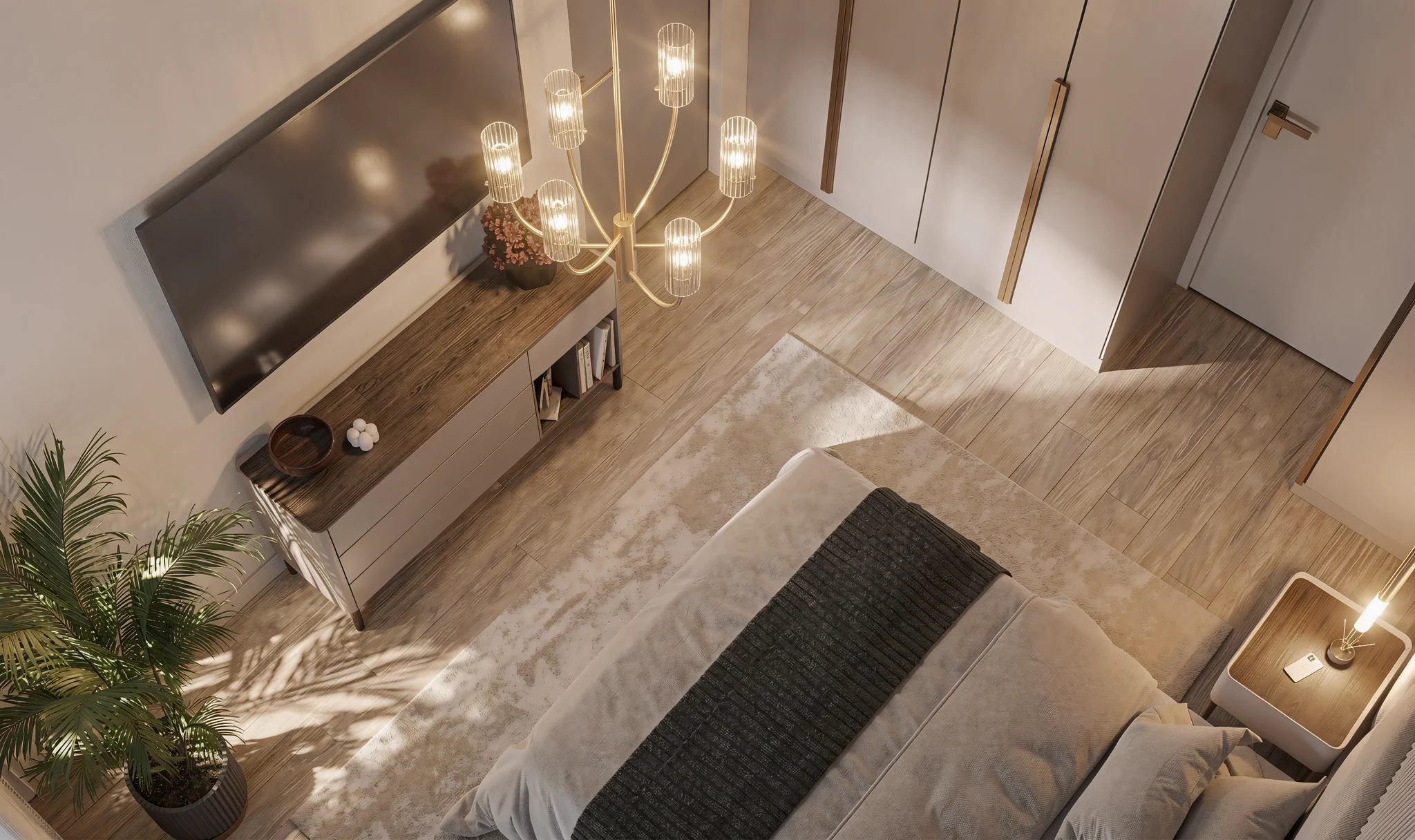 1BR Al Barari, overhead view of bedroom with gold chandelier and TV, Al Barari, Dubai, UAE