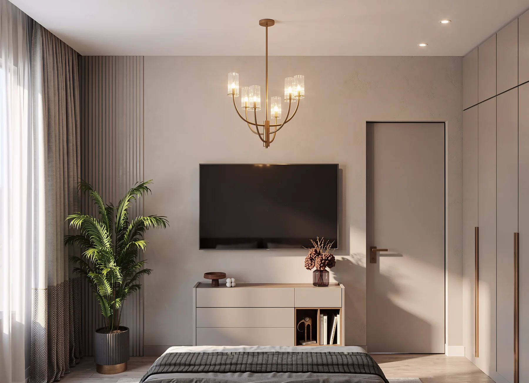 1BR Al Barari, bedroom with wall-mounted TV, dresser and gold chandelier, Al Barari, Dubai, UAE