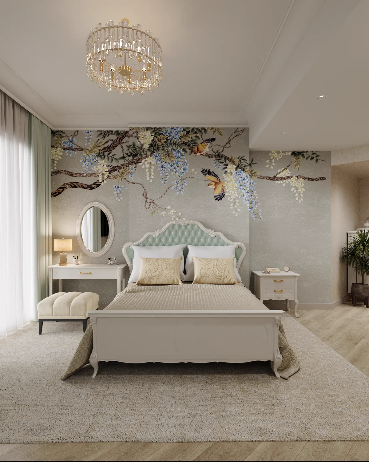 2BR Palm Jumeirah, master bedroom with wisteria and bird wallpaper and a white bed, Palm Jumeirah, Dubai, UAE
