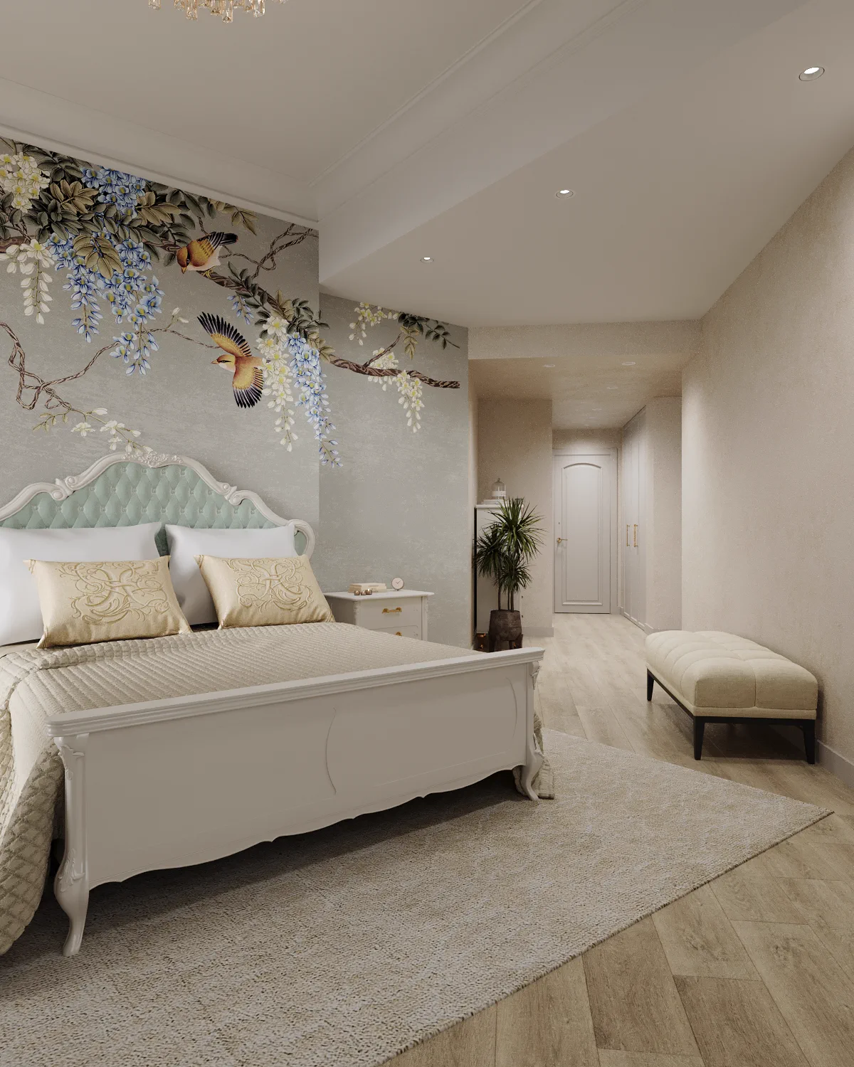 2BR Palm Jumeirah, master bedroom with a view toward the passage and wisteria wallpaper behind the bed, Palm Jumeirah, Dubai, UAE