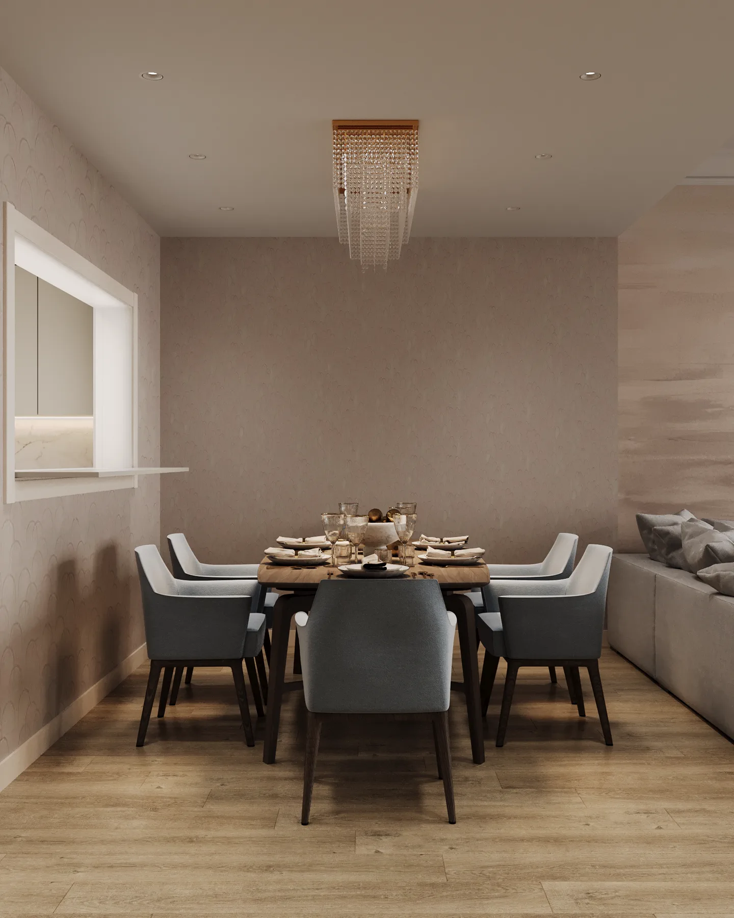 2BR Palm Jumeirah, master bedroom with a view toward the passage and wisteria wallpaper behind the bed, Palm Jumeirah, Dubai, UAE