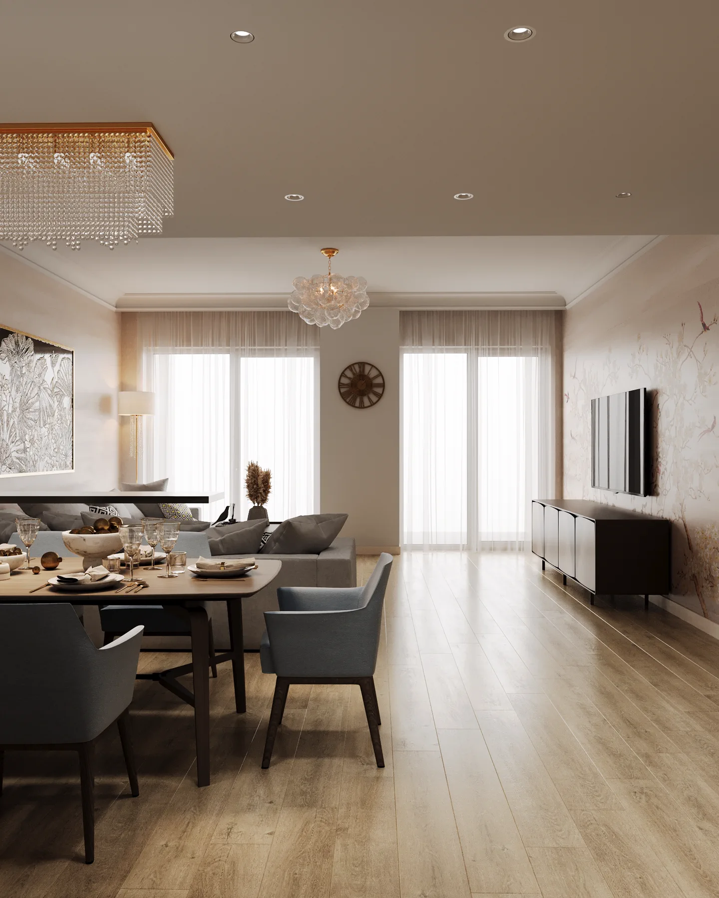 2BR Palm Jumeirah, panorama of the living-dining area with two chandeliers and bird wallpaper, Palm Jumeirah, Dubai, UAE