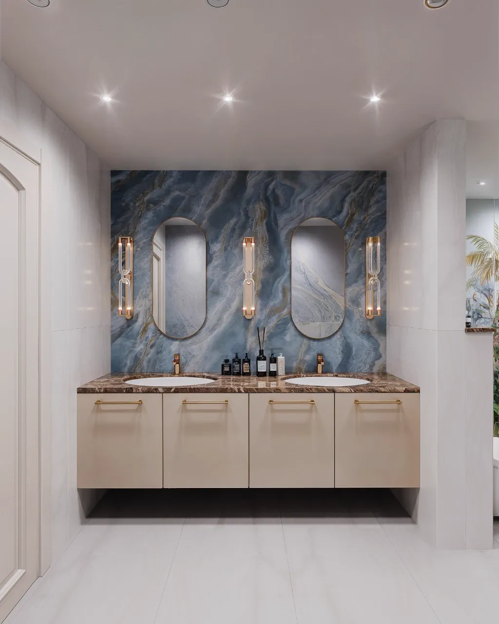 2BR Palm Jumeirah, double vanity with blue marble wall and gold sconces, Palm Jumeirah, Dubai, UAE