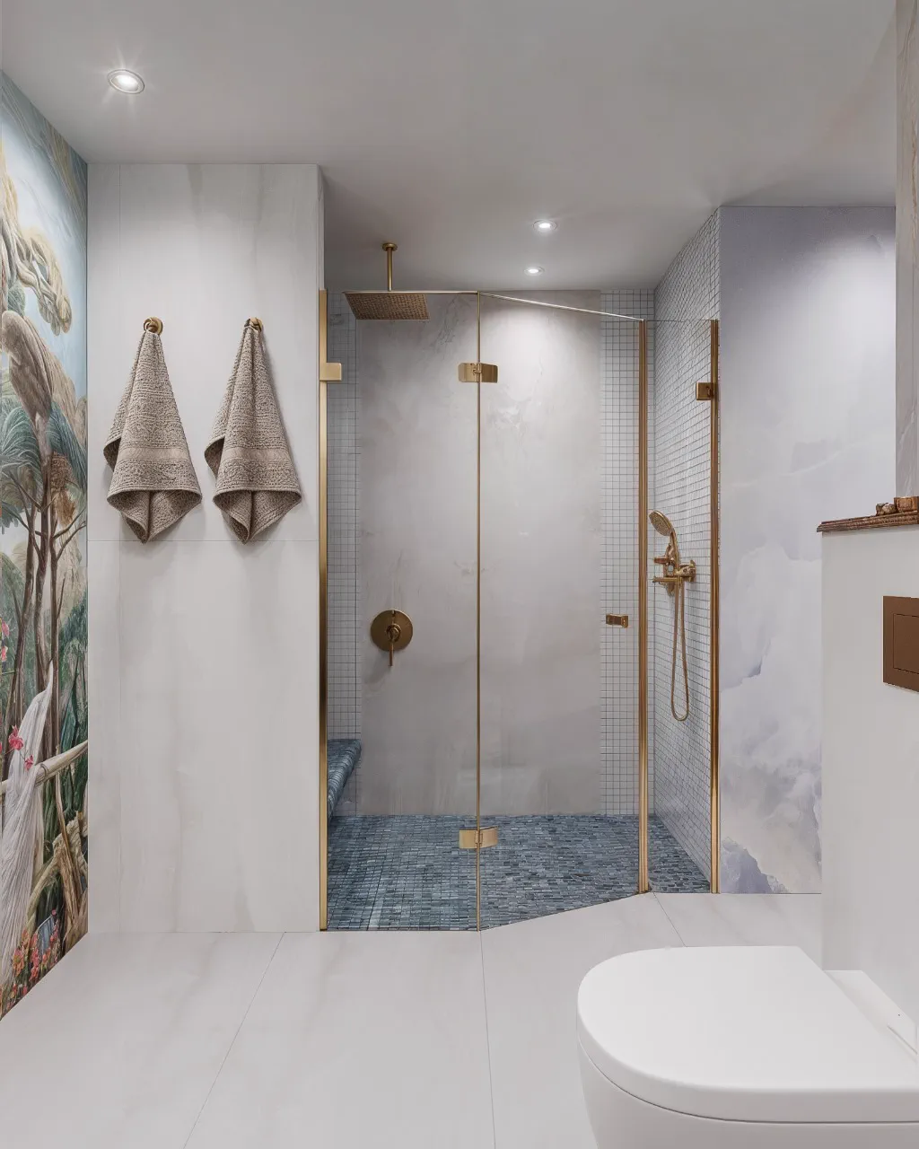 2BR Palm Jumeirah, shower with gold fixtures, a mosaic bench and tropical mural, Palm Jumeirah, Dubai, UAE