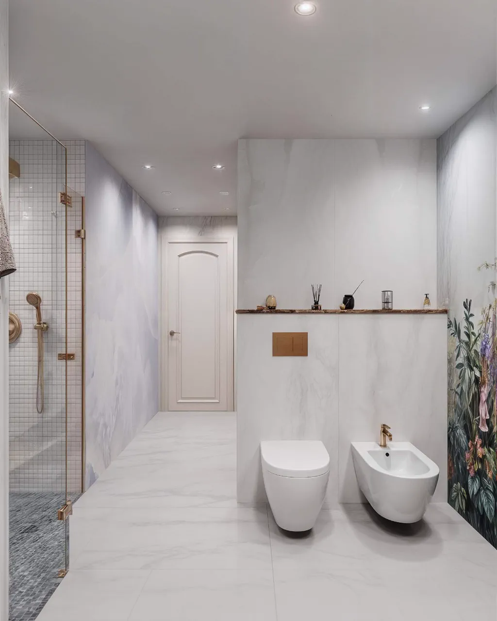 2BR Palm Jumeirah, master bathroom with wall-hung toilet, bidet and tropical mural, Palm Jumeirah, Dubai, UAE