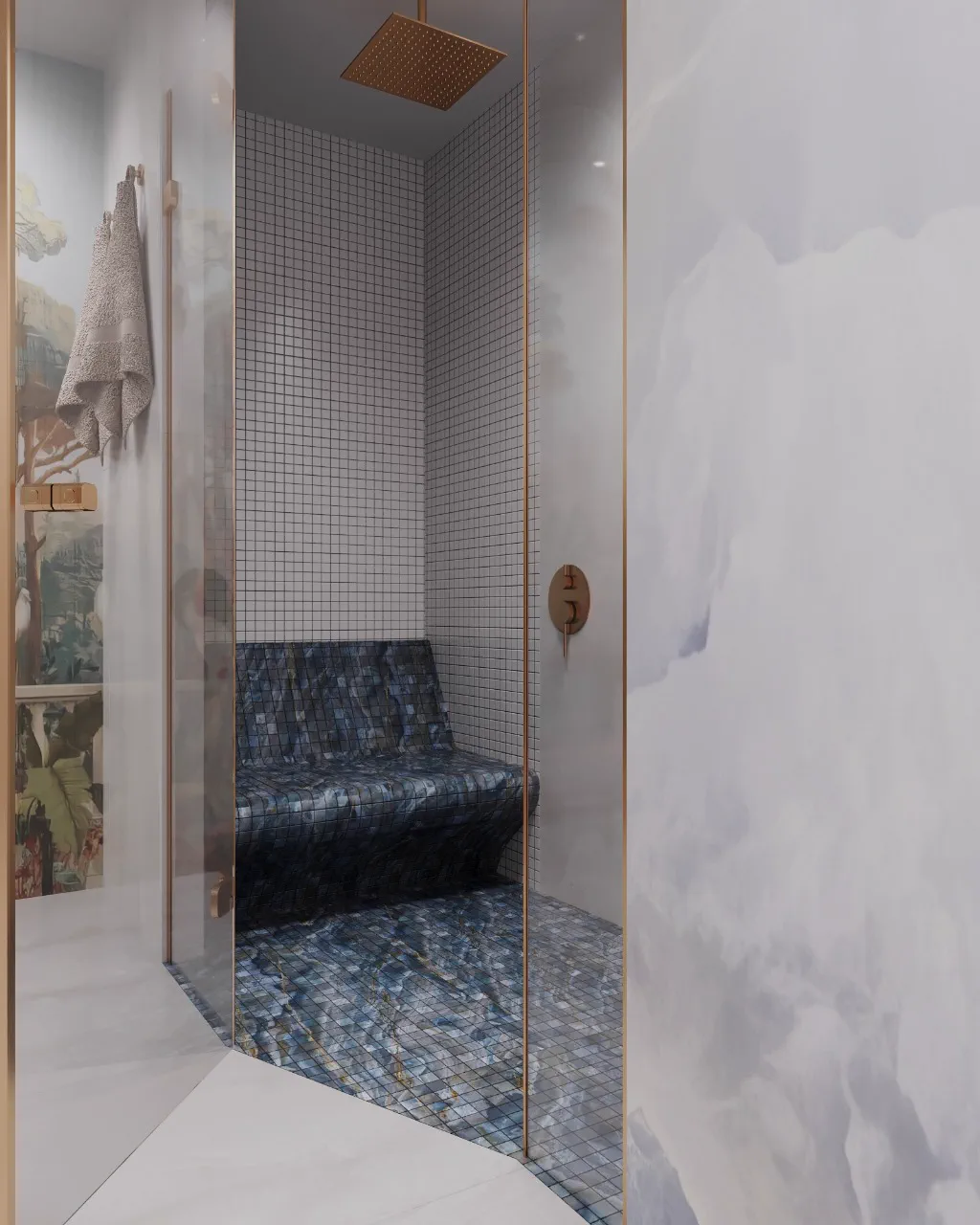 2BR Palm Jumeirah, shower with gold fixtures and a blue mosaic bench, Palm Jumeirah, Dubai, UAE