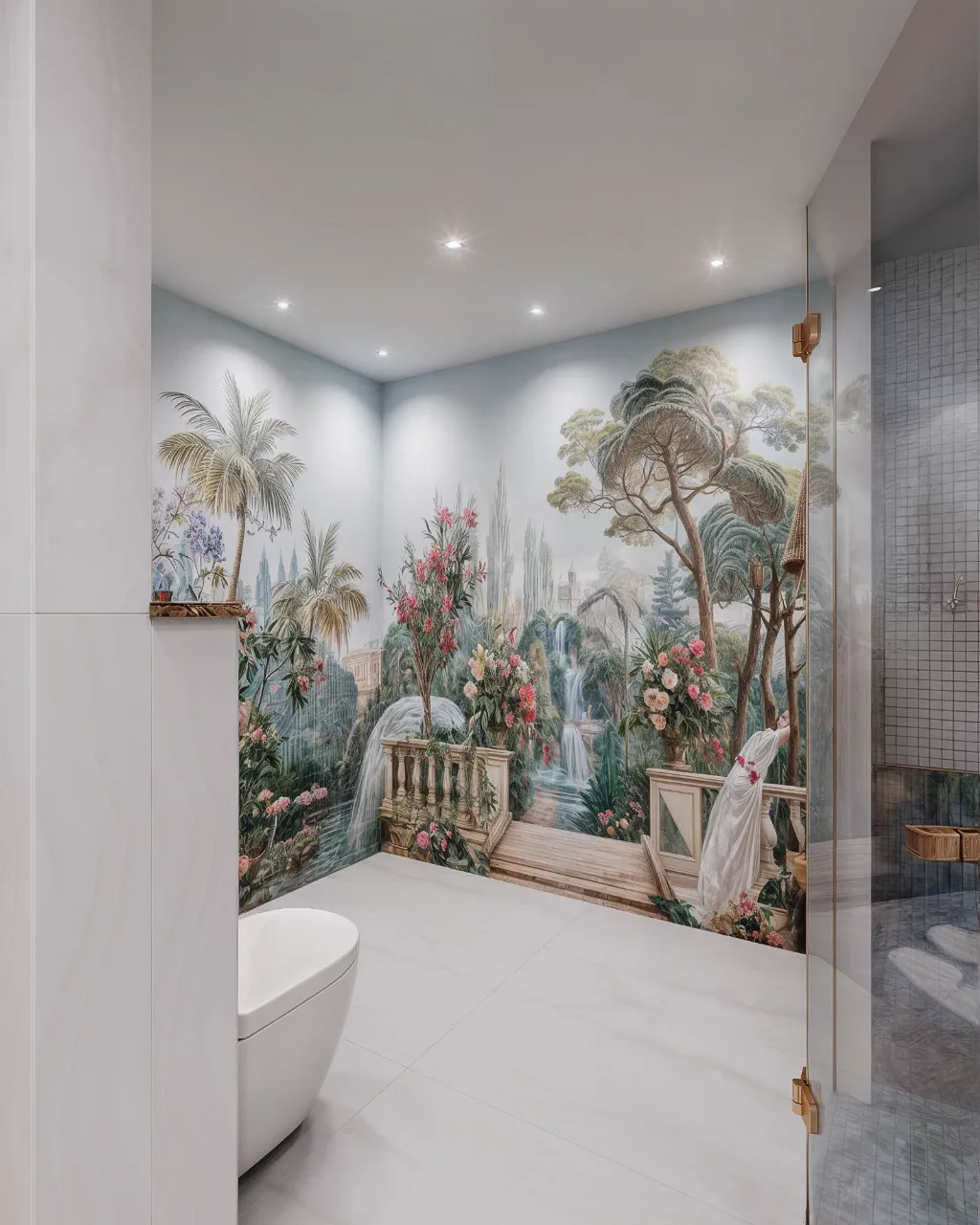 2BR Palm Jumeirah, master bathroom with a tropical mural featuring a waterfall and palms across two walls, Palm Jumeirah, Dubai, UAE