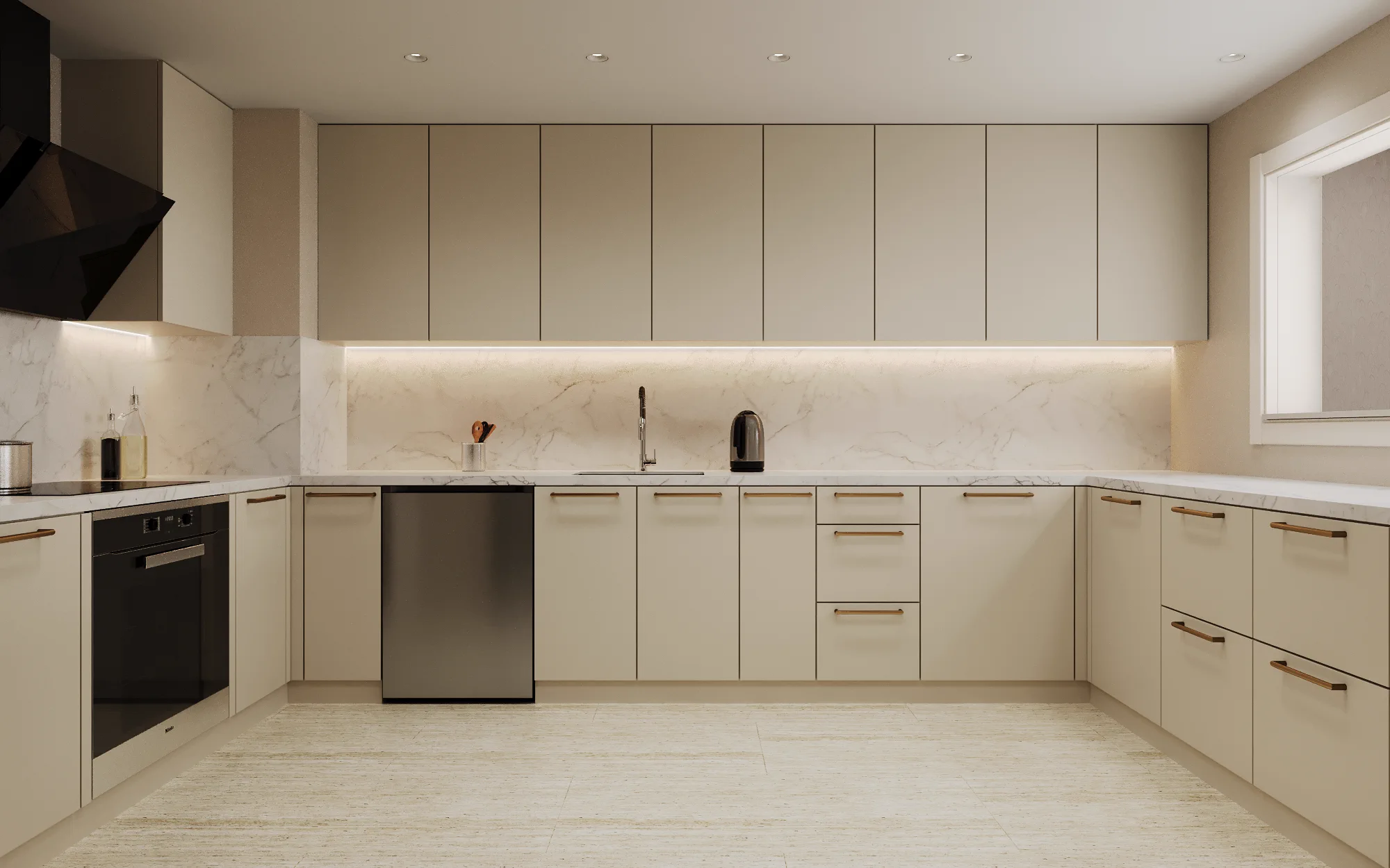 2BR Palm Jumeirah, kitchen with beige cabinets, marble backsplash and travertine floor, Palm Jumeirah, Dubai, UAE