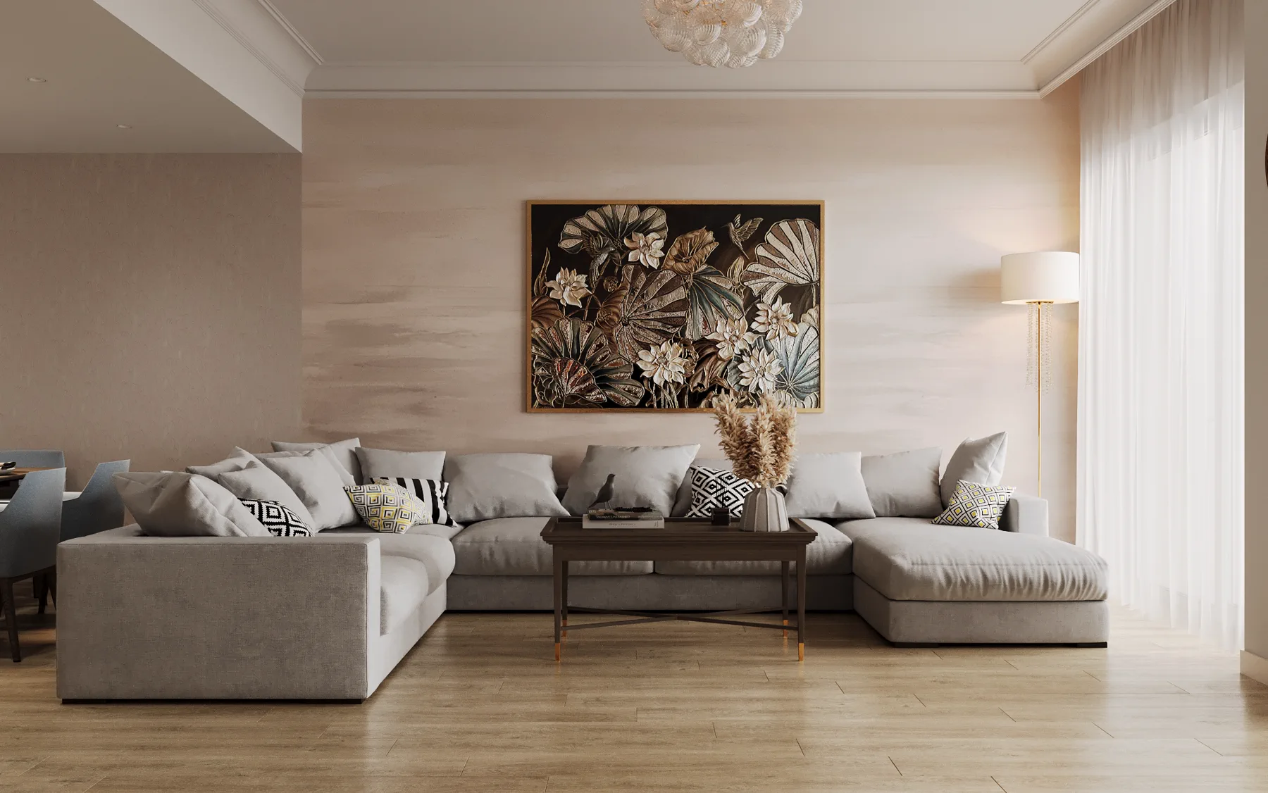 2BR Palm Jumeirah, living room with a grey sofa and botanical lotus artwork, Palm Jumeirah, Dubai, UAE