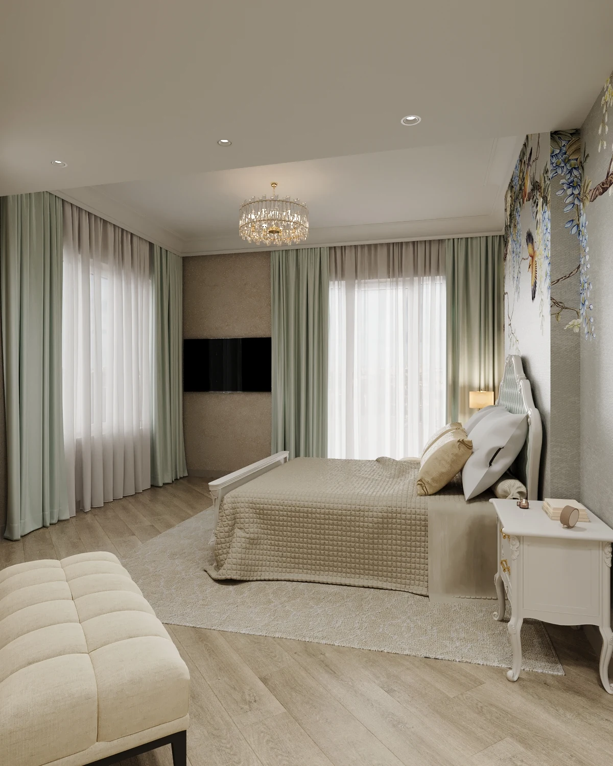 2BR Palm Jumeirah, bedroom with an upholstered headboard, TV area and pale green curtains, Palm Jumeirah, Dubai, UAE