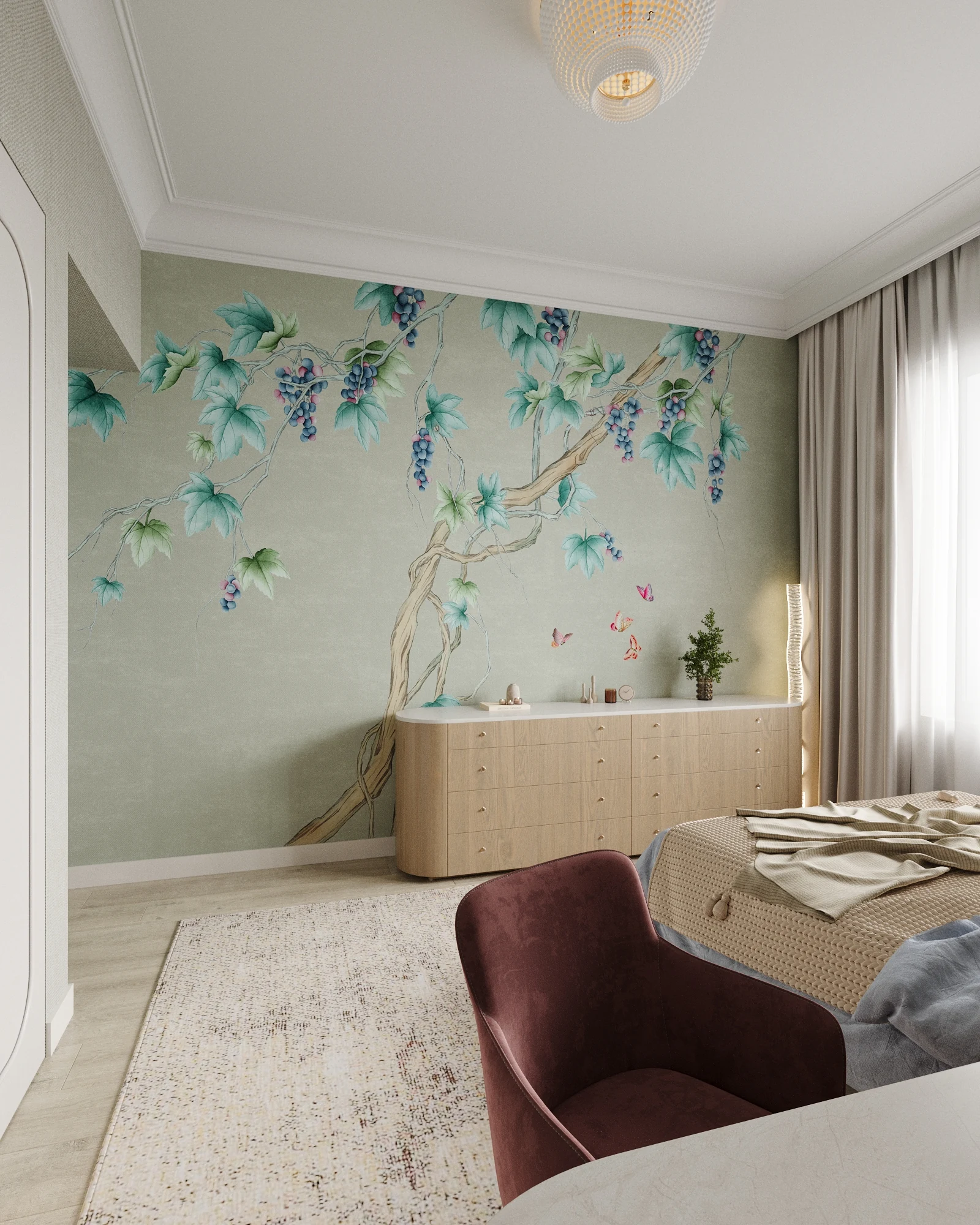 2BR Palm Jumeirah, bedroom with vine mural wallpaper, a light dresser and a pink chair, Palm Jumeirah, Dubai, UAE