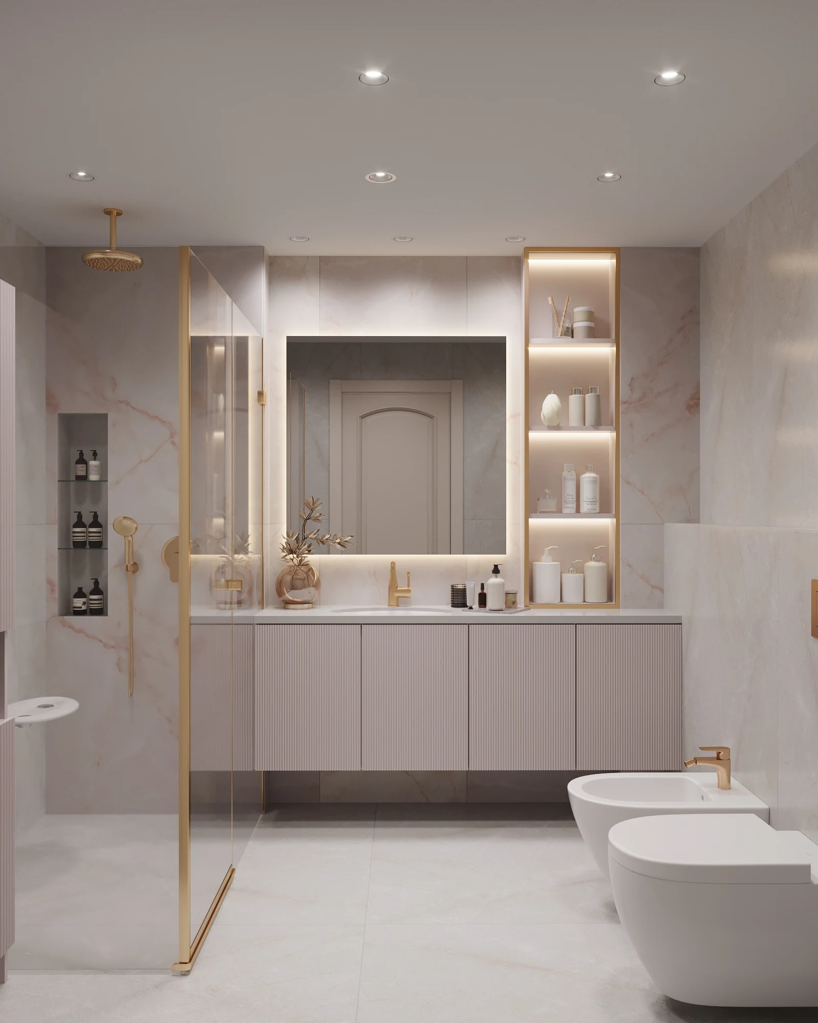 2BR Palm Jumeirah, bathroom with pink marble, a shower enclosure and a backlit mirror, Palm Jumeirah, Dubai, UAE