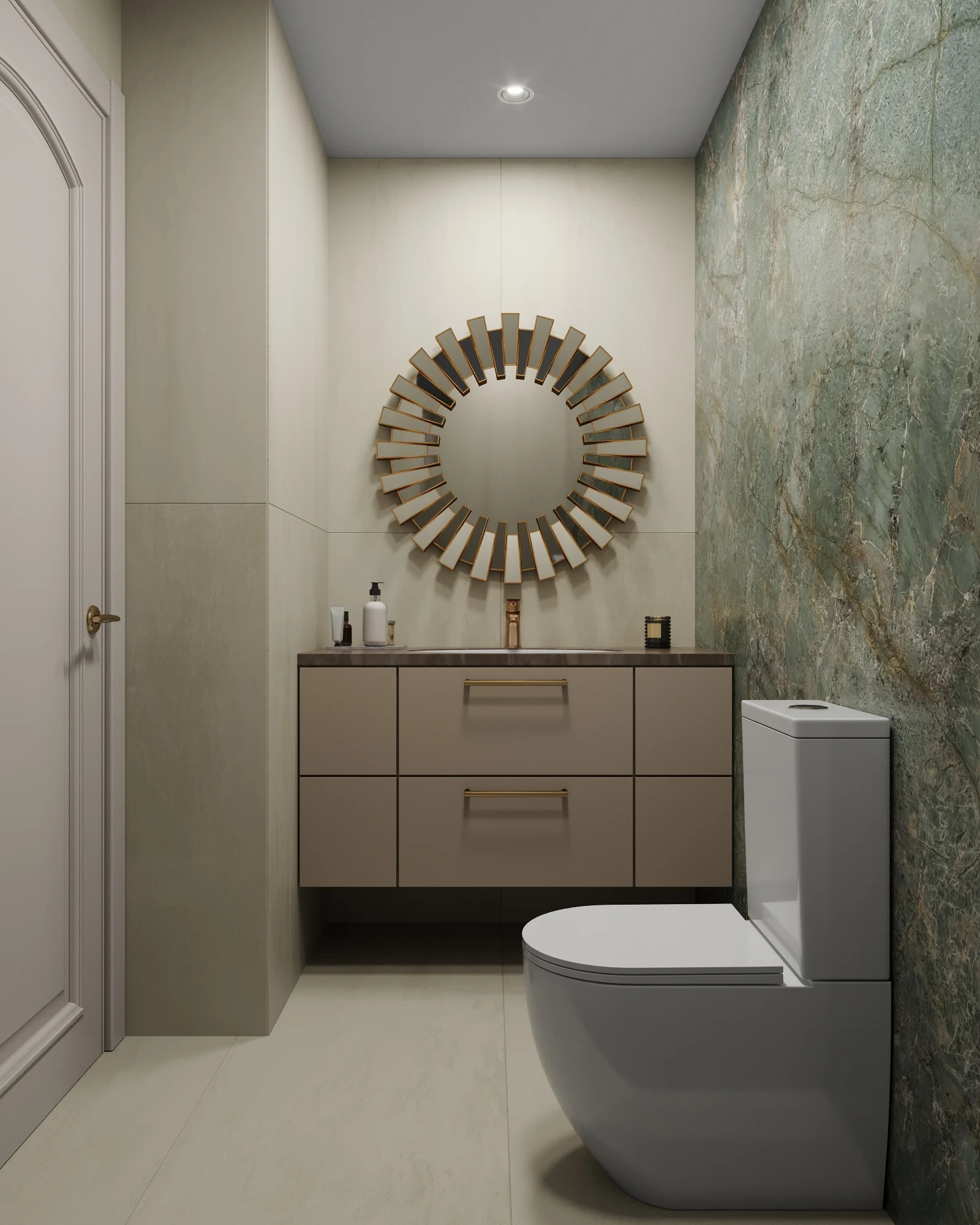 2BR Palm Jumeirah, powder room with a green stone accent wall, sunburst mirror and floating vanity, Palm Jumeirah, Dubai, UAE