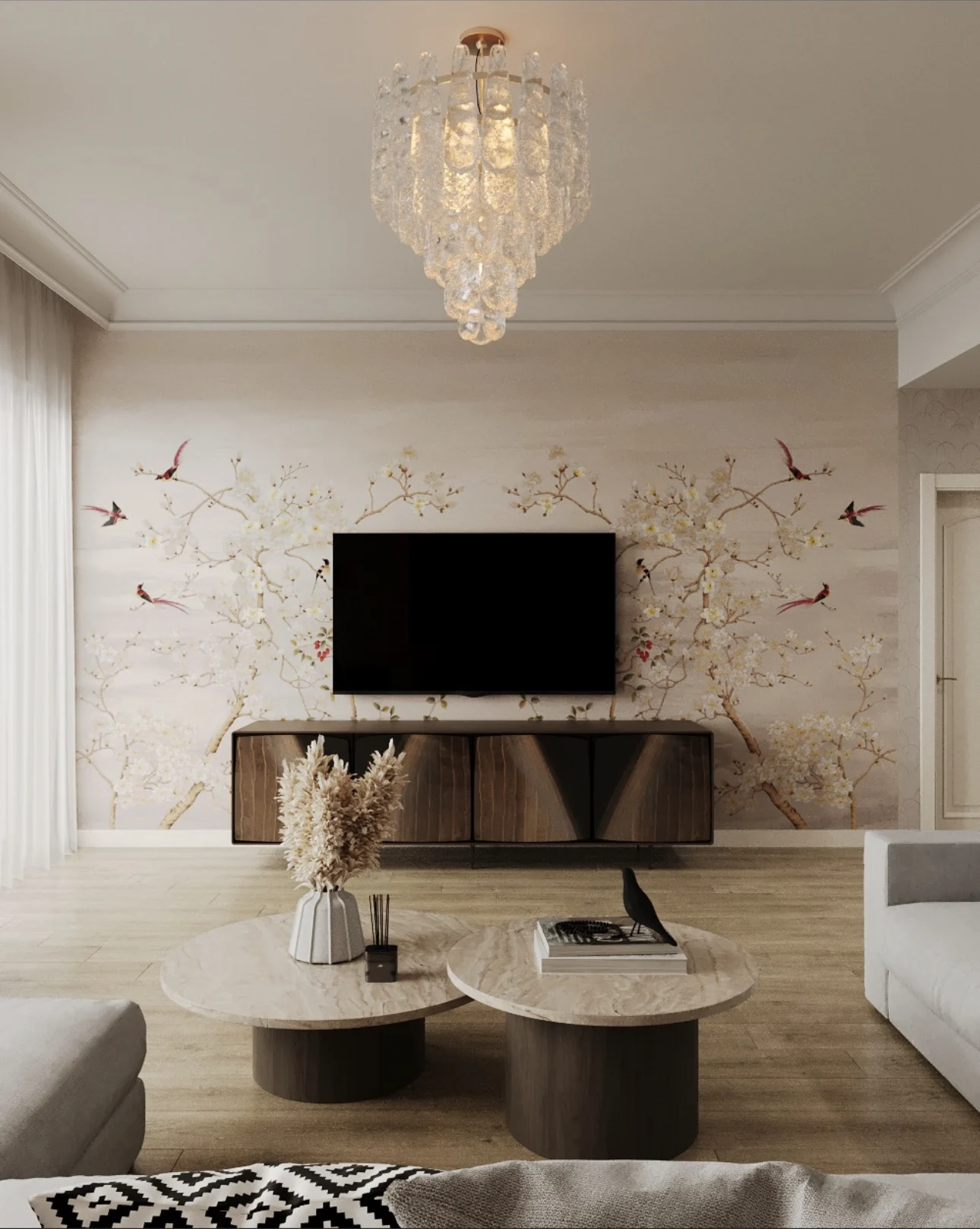 2BR Palm Jumeirah, living room TV wall with floral mural, crystal chandelier and neutral palette, Palm Jumeirah, Dubai, UAE
