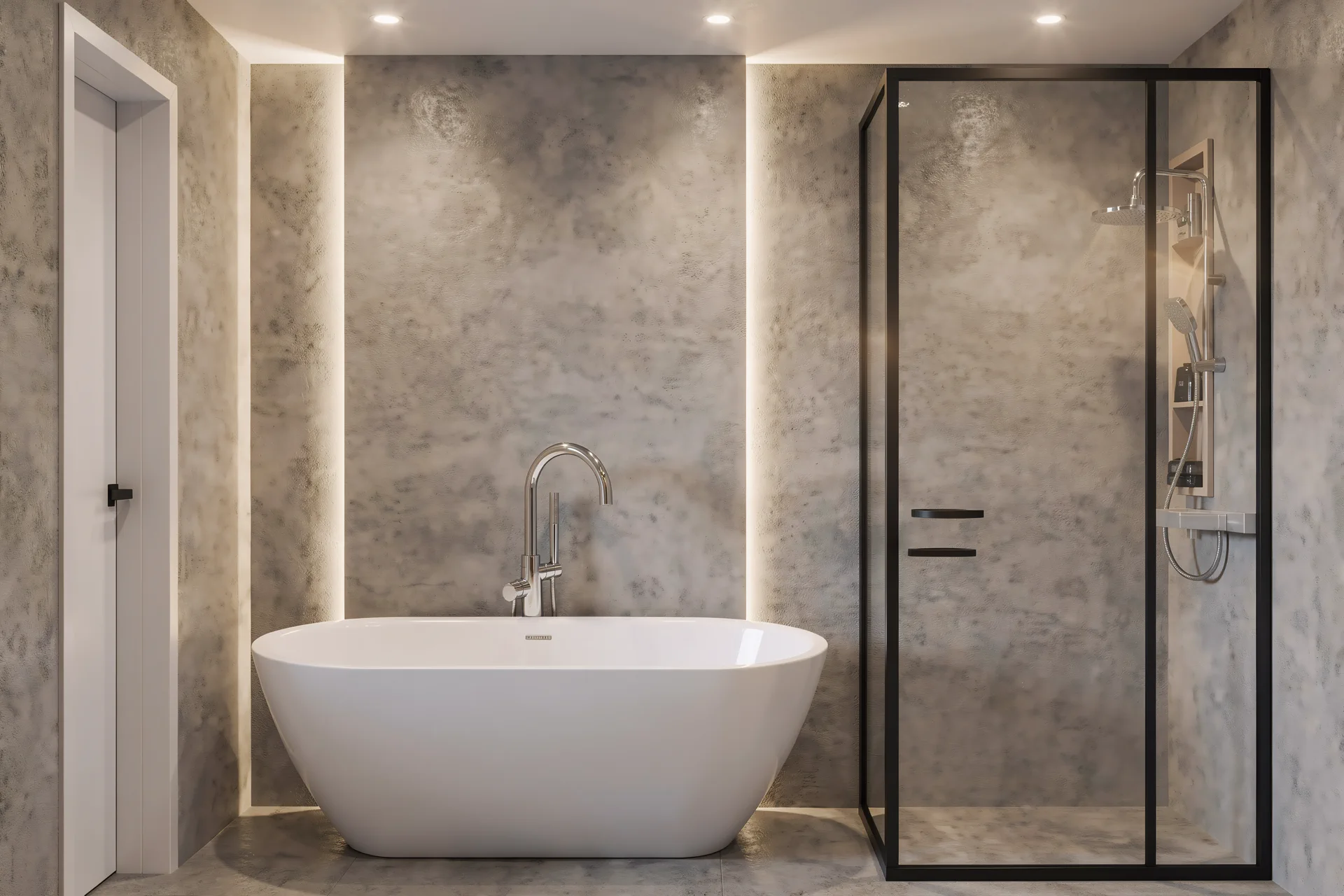 3BR Creek Harbor, ванная с отдельностоящей ванной и душевой в бетонных текстурах, Крик-Харбор, Дубай, ОАЭ