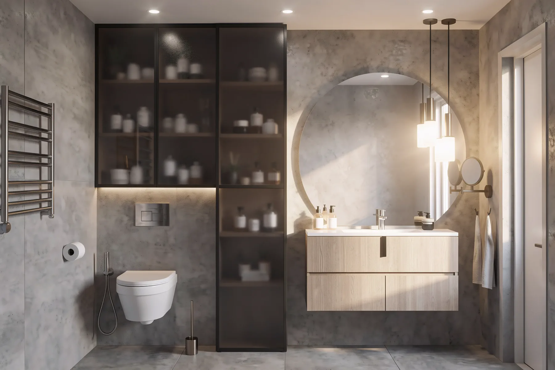 3BR Creek Harbor, ванная с круглым зеркалом, деревянной тумбой и тёмным шкафом, Крик-Харбор, Дубай, ОАЭ