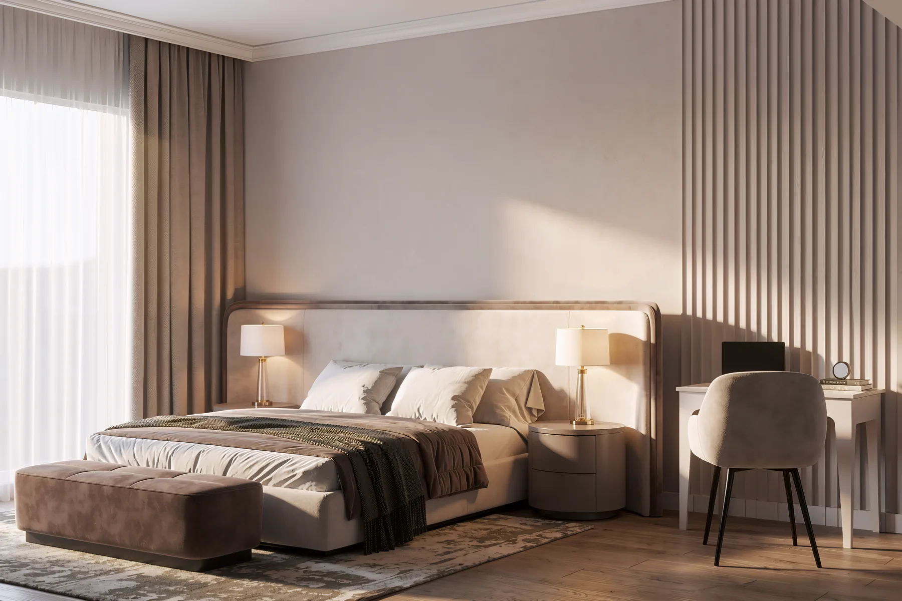 3BR Creek Harbor, мастер-спальня с широким изголовьем и реечной стеной, Крик-Харбор, Дубай, ОАЭ