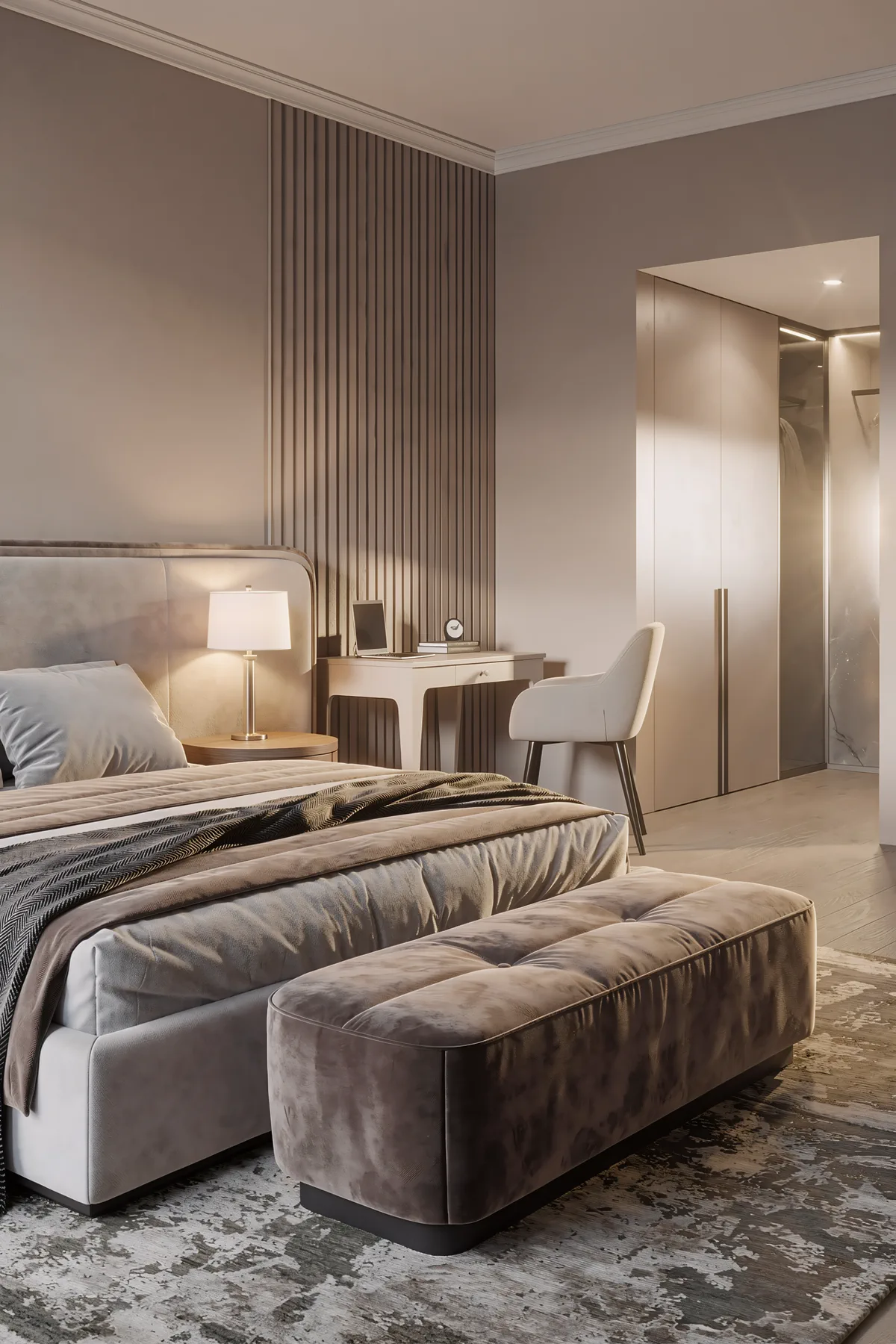 3BR Creek Harbor, спальня с реечной стеной, письменным столом и встроенным шкафом, Крик-Харбор, Дубай, ОАЭ