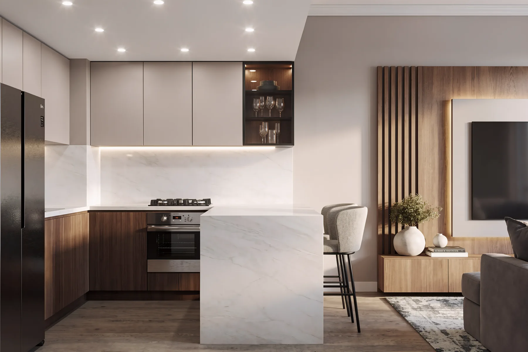 3BR Creek Harbor, кухня с мраморным островом, двухцветными шкафами и подсветкой, Крик-Харбор, Дубай, ОАЭ