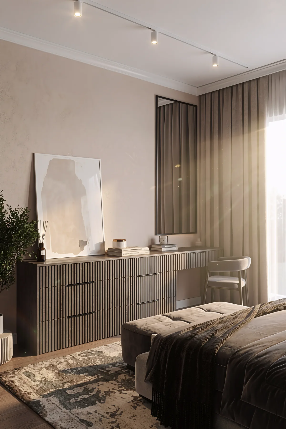 3BR Creek Harbor, спальня с реечным комодом, зеркалом и абстрактной картиной, Крик-Харбор, Дубай, ОАЭ