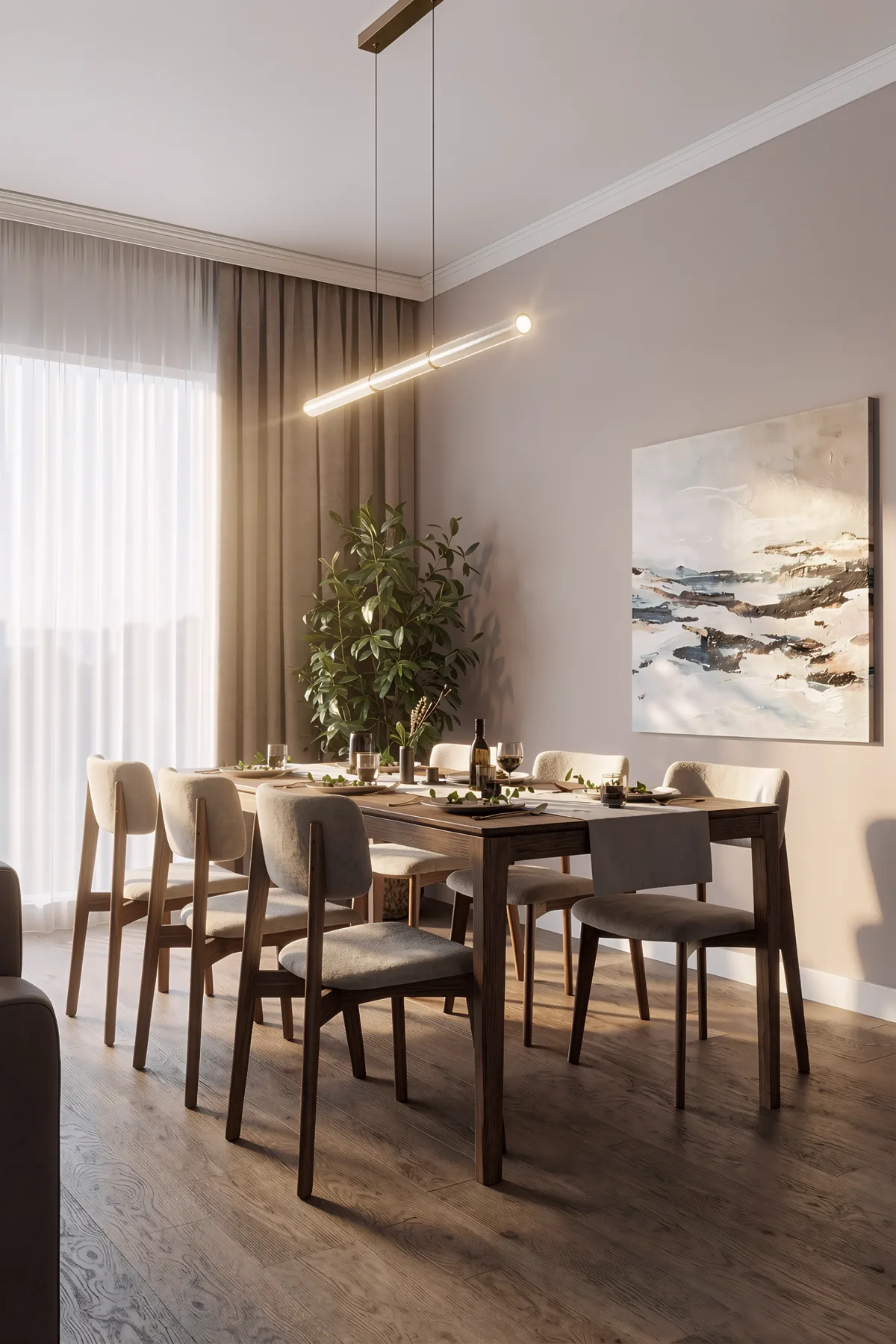 3BR Creek Harbor, обеденная зона с деревянным столом на шесть персон и линейным подвесом, Крик-Харбор, Дубай, ОАЭ