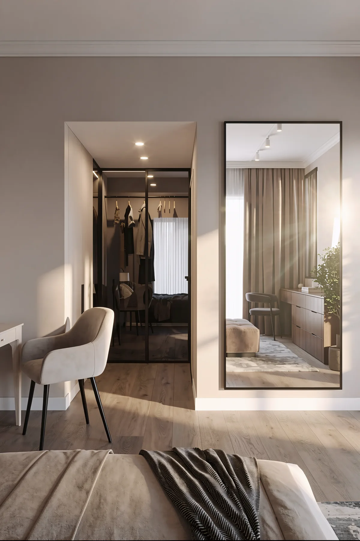 3BR Creek Harbor, спальня с гардеробной за стеклянными дверями и туалетным столиком, Крик-Харбор, Дубай, ОАЭ