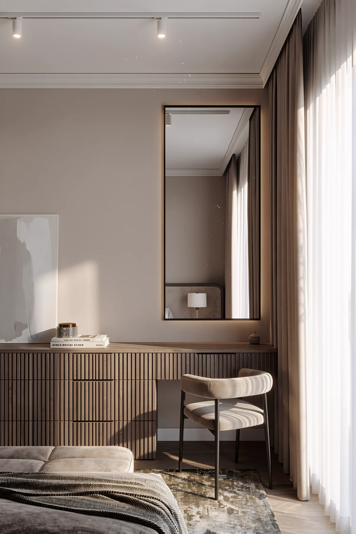 3BR Creek Harbor, спальня с реечным комодом-столом и высоким зеркалом, Крик-Харбор, Дубай, ОАЭ