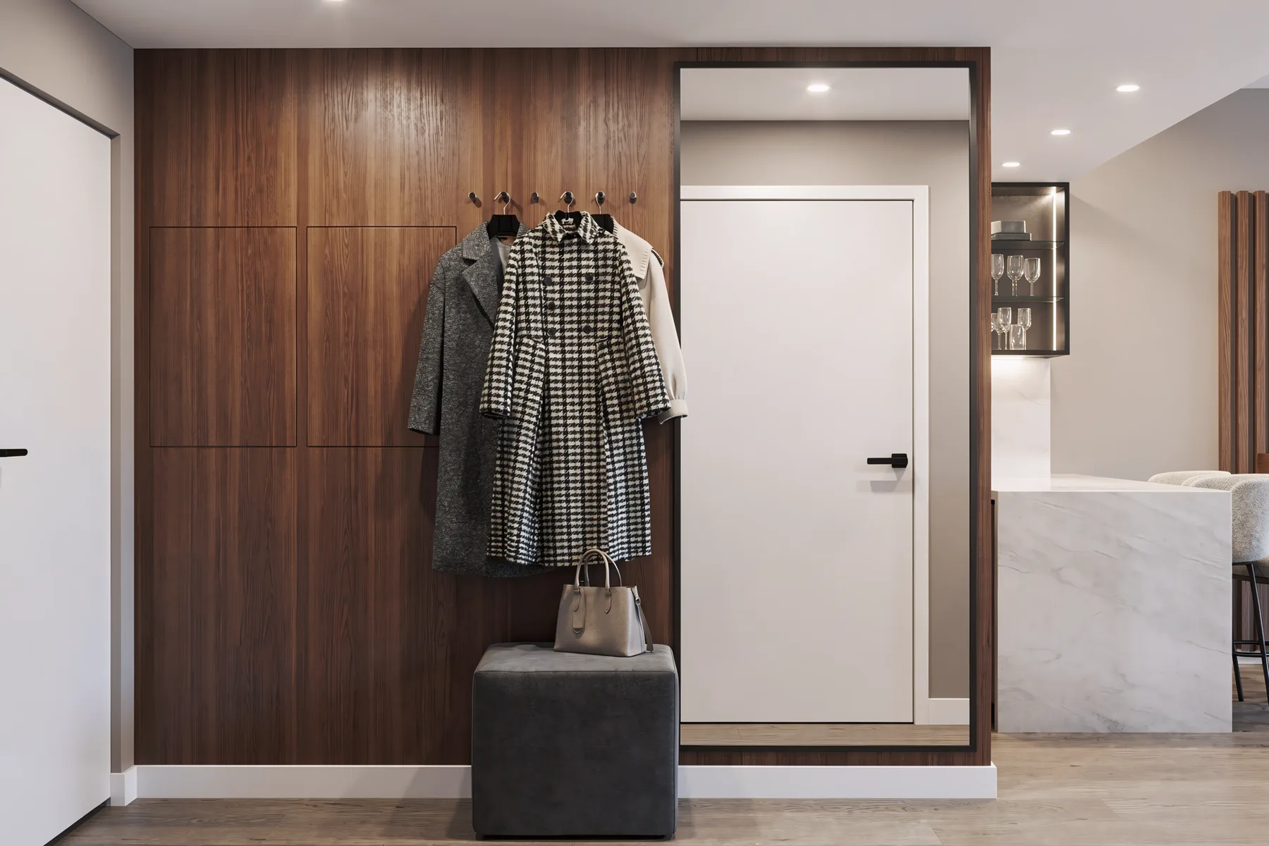 3BR Creek Harbor, прихожая с тёмной деревянной стеной, крючками и зеркалом, Крик-Харбор, Дубай, ОАЭ