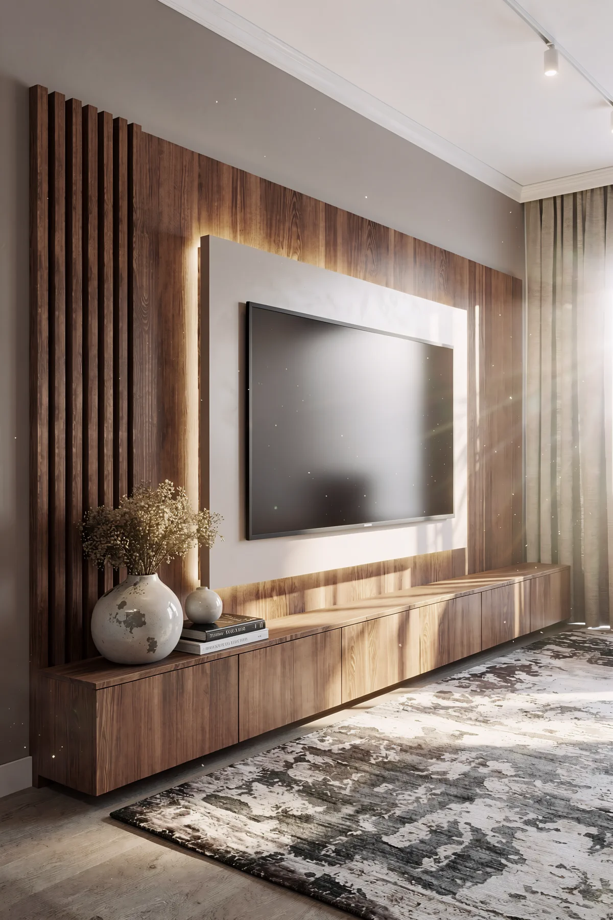 3BR Creek Harbor, ТВ-зона гостиной с подсветкой и реечной стеной, Крик-Харбор, Дубай, ОАЭ