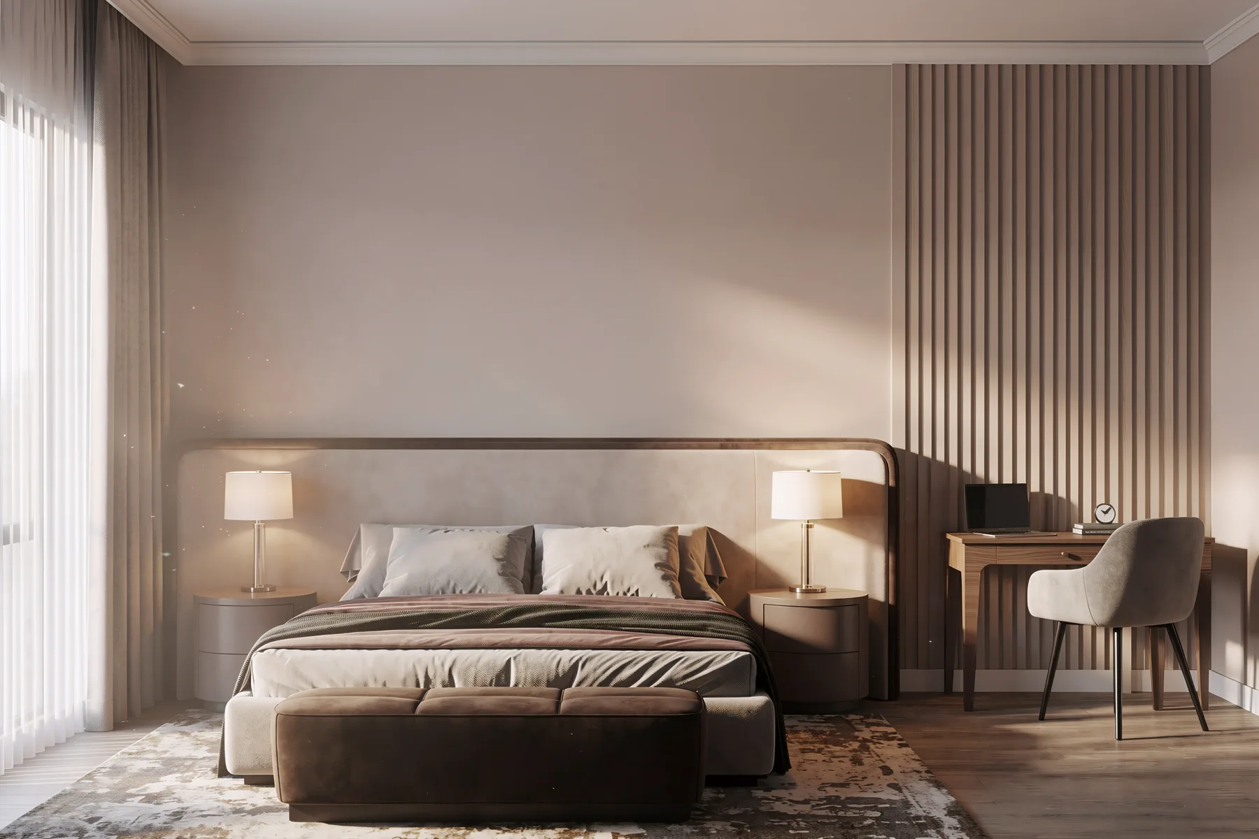 3BR Creek Harbor, мастер-спальня с широким изголовьем, тумбами и рабочим столом, Крик-Харбор, Дубай, ОАЭ