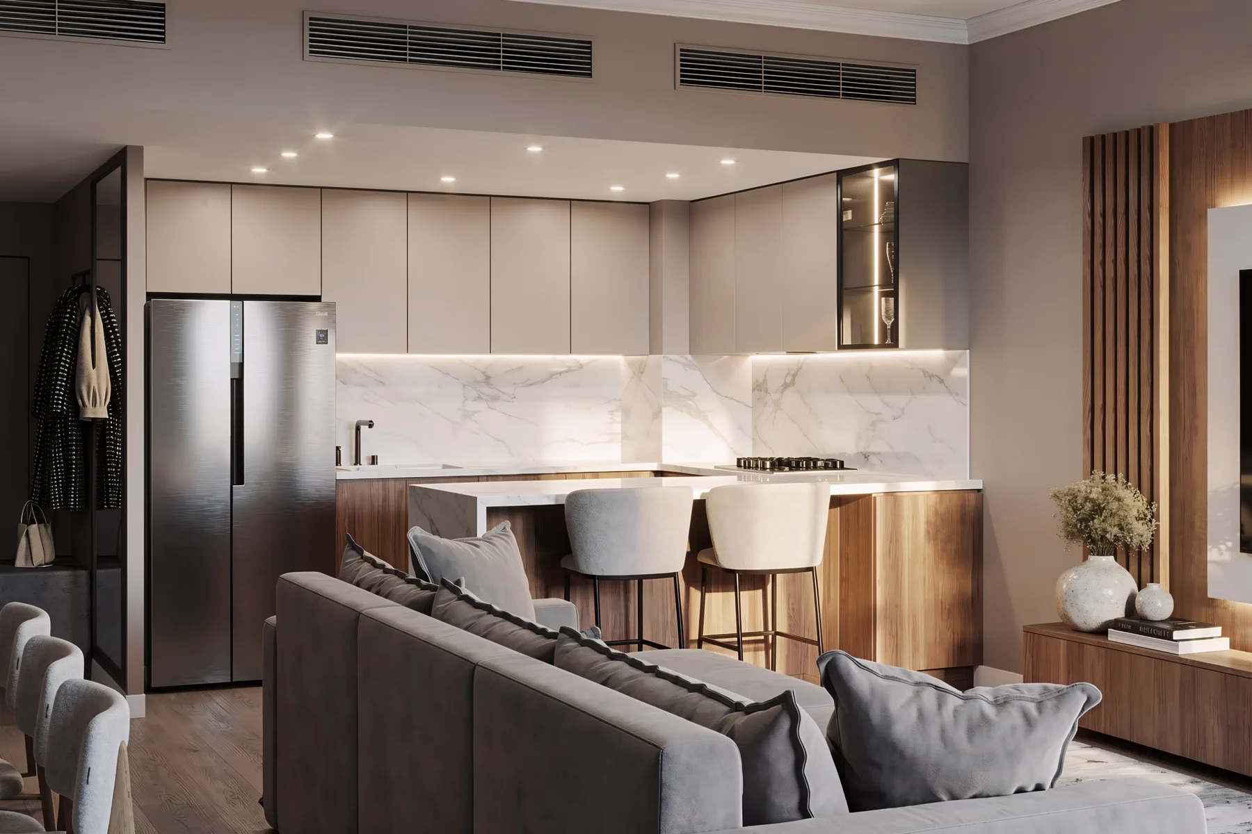 3BR Creek Harbor, панорама кухни-гостиной с мраморным островом и серым диваном, Крик-Харбор, Дубай, ОАЭ