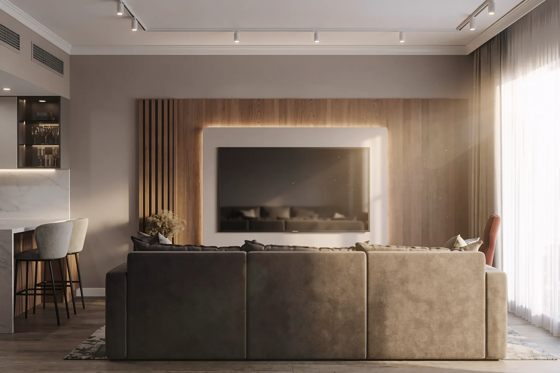 3BR Creek Harbor, вид на ТВ-зону гостиной с подсветкой и реечной стеной, Крик-Харбор, Дубай, ОАЭ