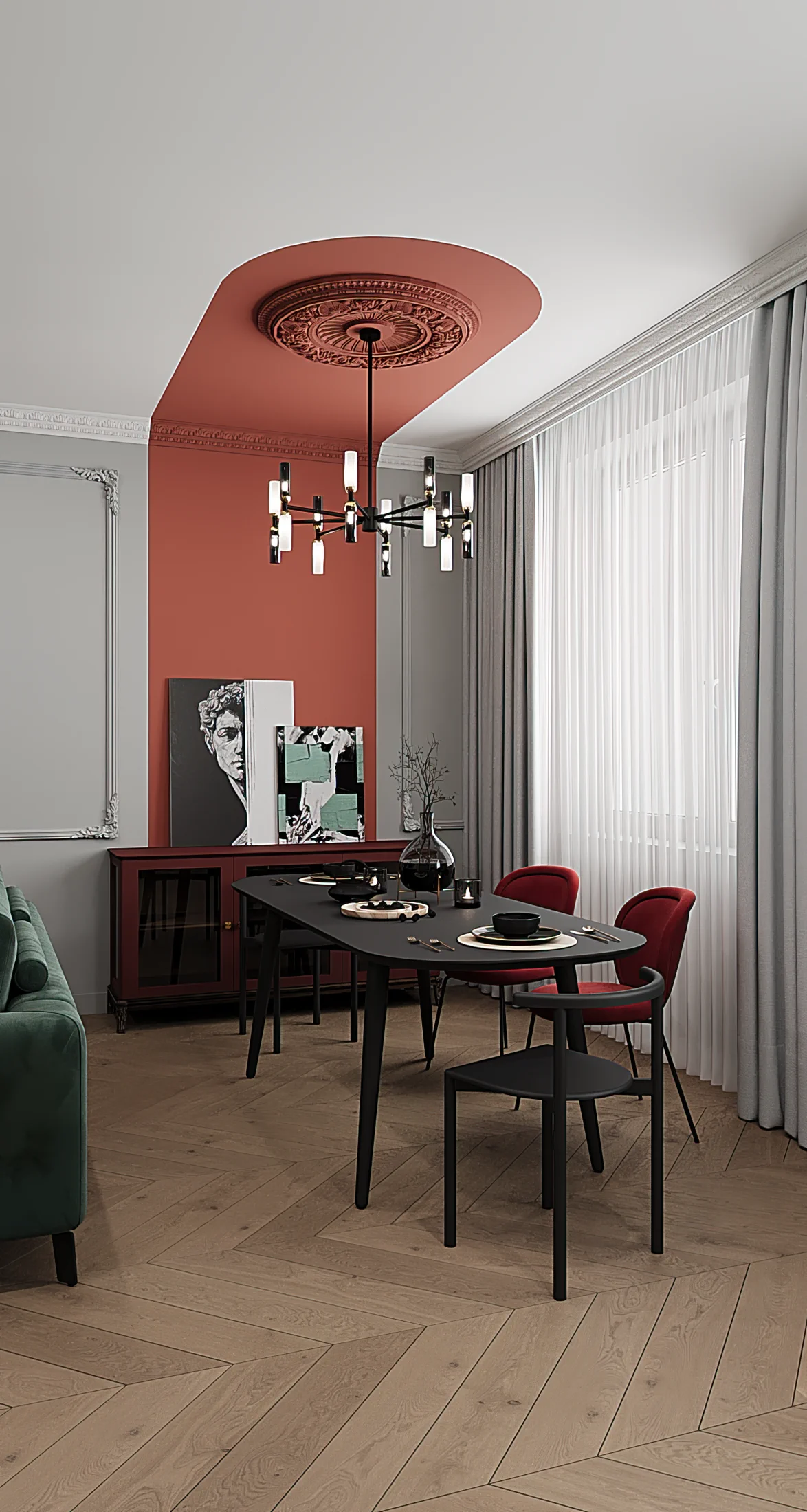 Heart of the Capital apartment, dining area with black table and red accent wall, ЖК «Сердце столицы», Москва, Россия