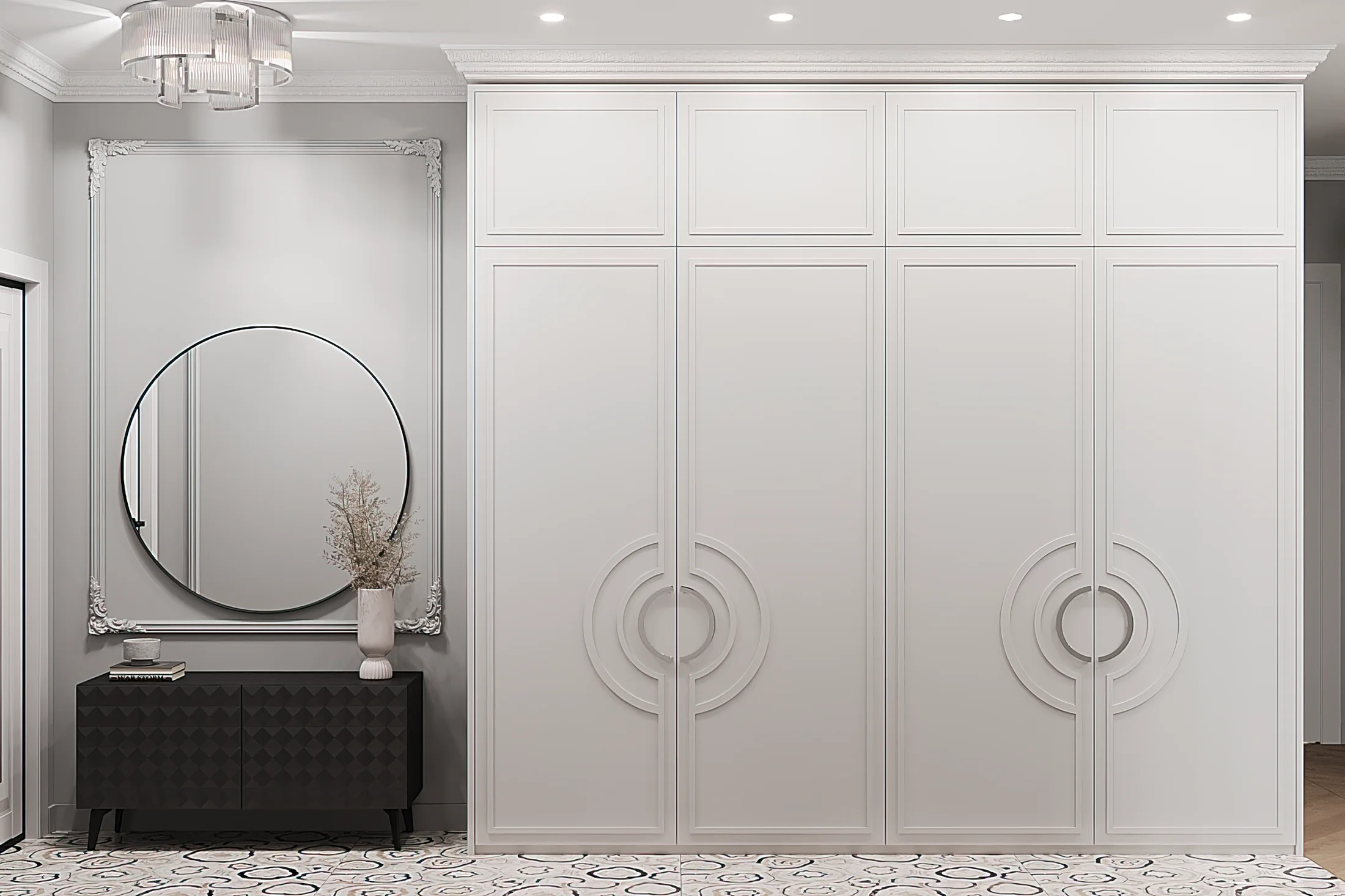 Heart of the Capital apartment, white paneled wall with circular relief decor, ЖК «Сердце столицы», Москва, Россия