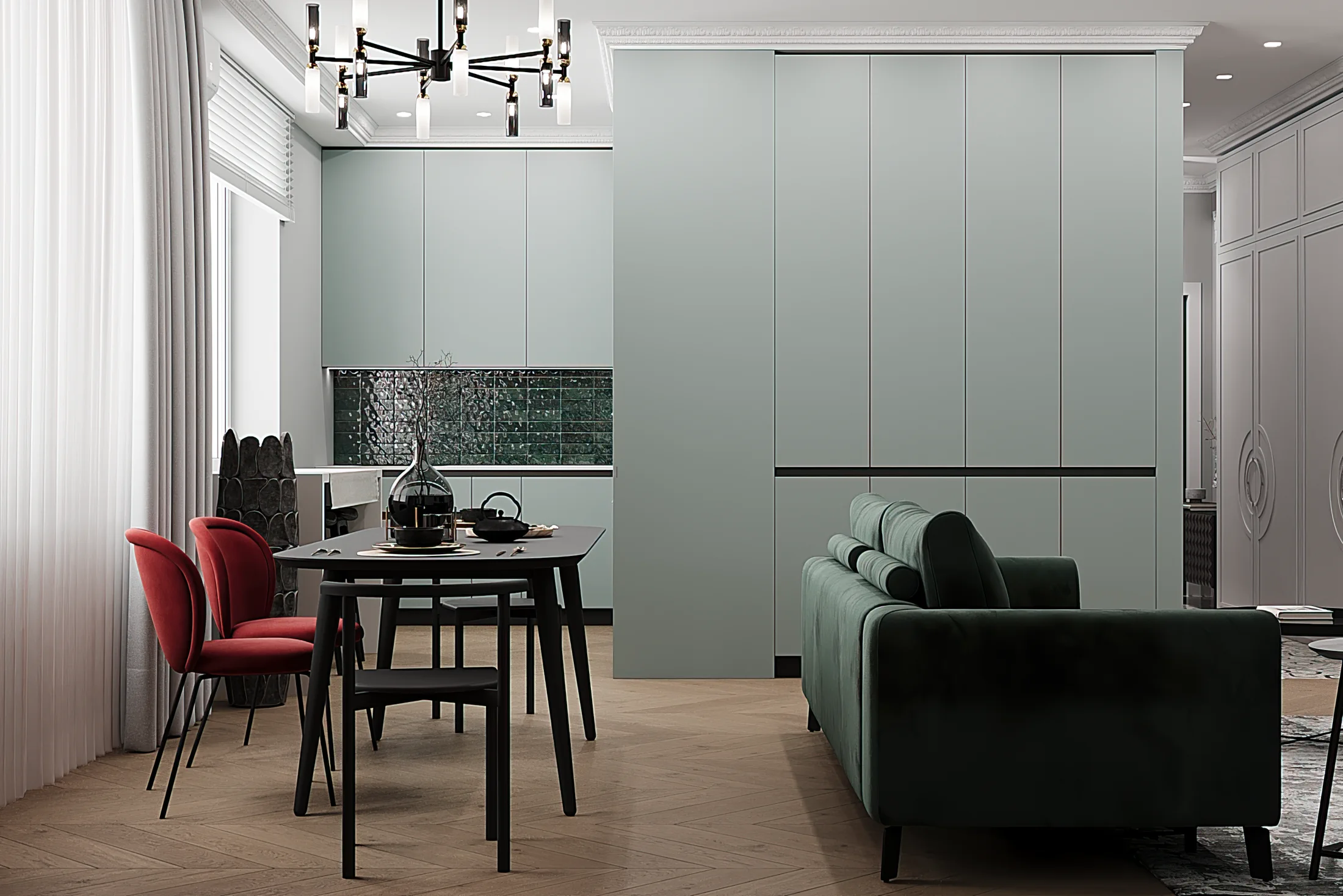 Heart of the Capital apartment, dining nook and kitchen transition with red chairs, ЖК «Сердце столицы», Москва, Россия