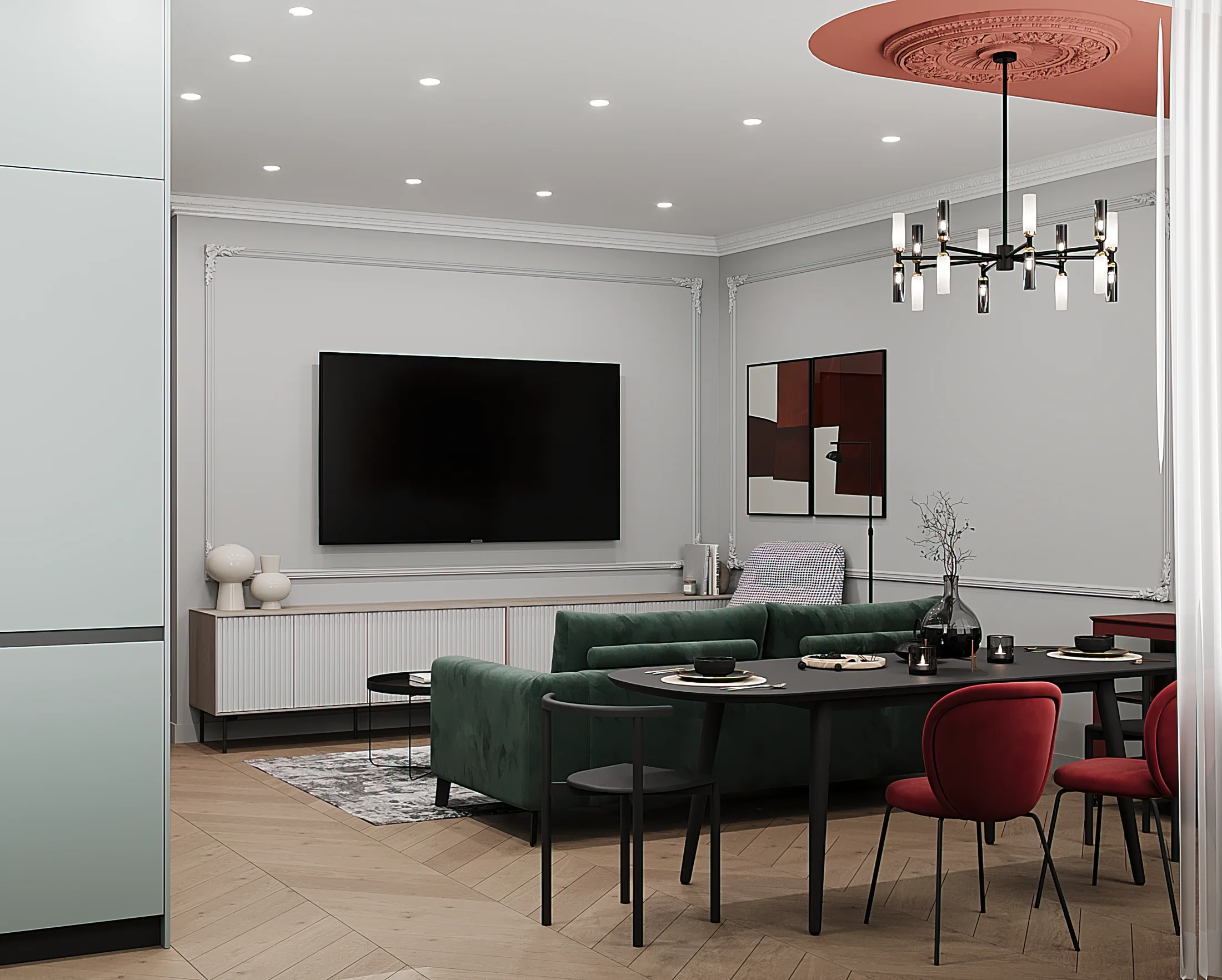 Heart of the Capital apartment, living area frontal view with TV wall and green sofa, ЖК «Сердце столицы», Москва, Россия