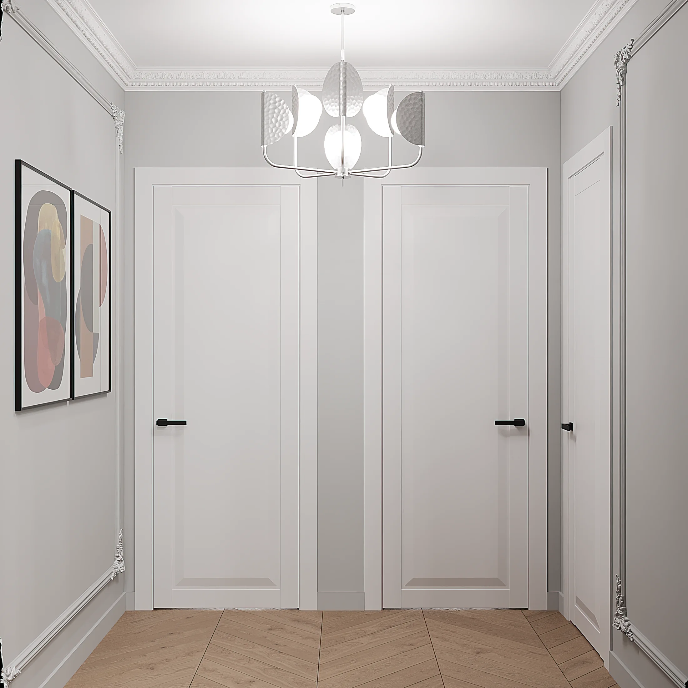 Heart of the Capital apartment, hallway with framed art and white wall moldings, ЖК «Сердце столицы», Москва, Россия