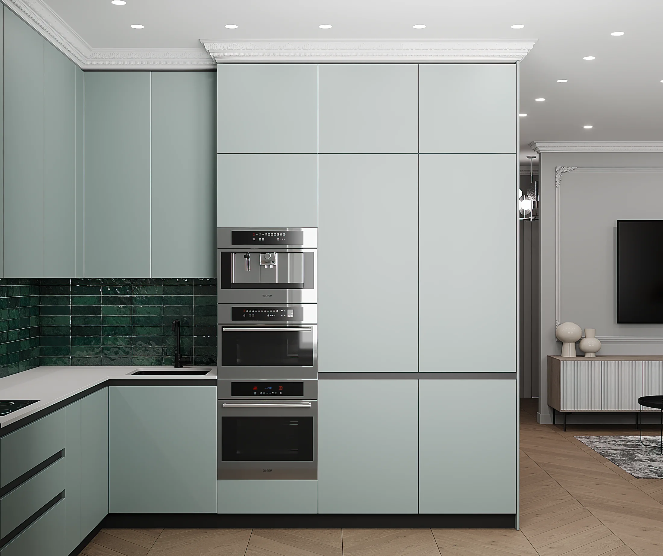 Heart of the Capital apartment, mint kitchen with built-in appliances and stone backsplash, ЖК «Сердце столицы», Москва, Россия