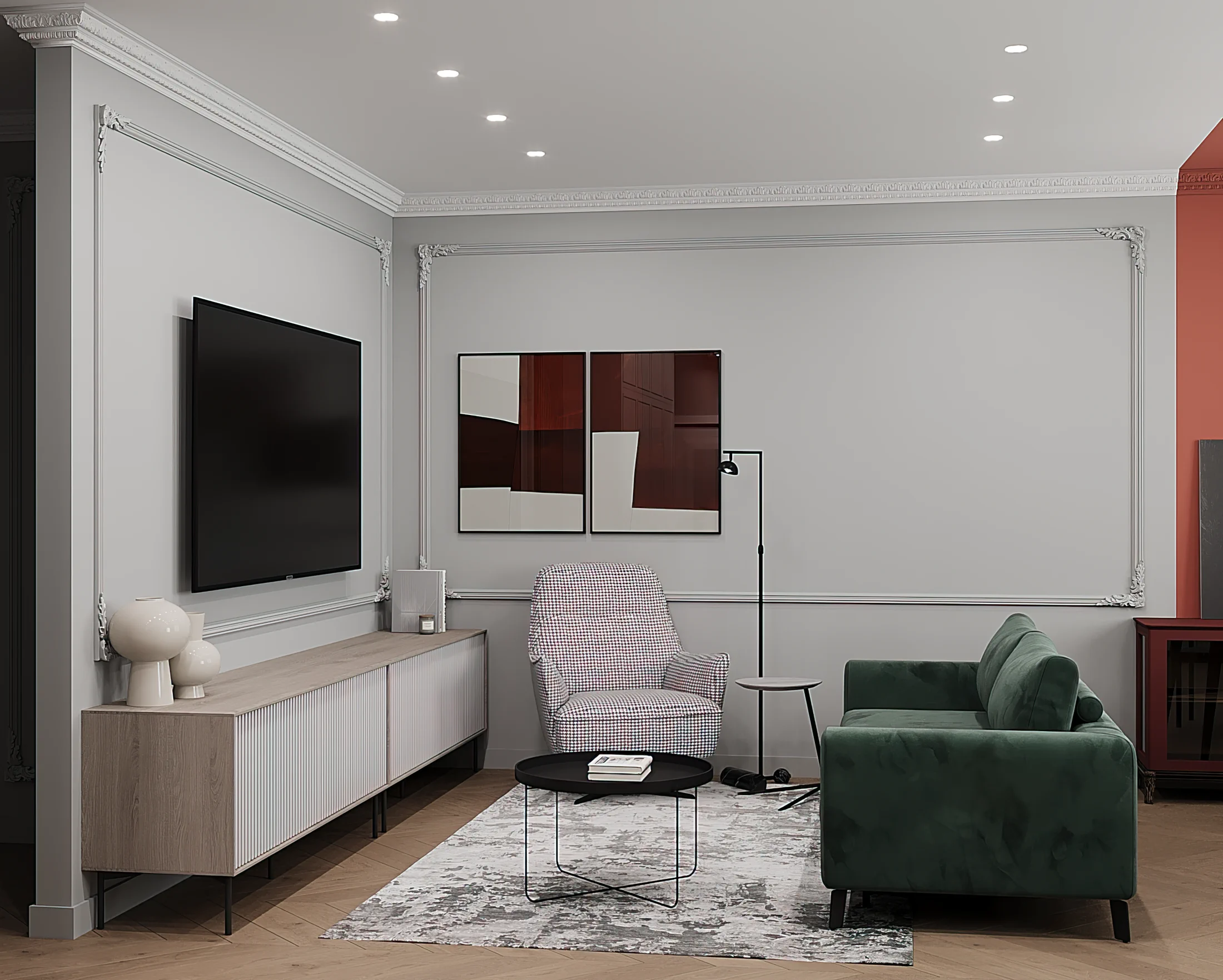 Heart of the Capital apartment, living room axis view toward TV wall and kitchen, ЖК «Сердце столицы», Москва, Россия