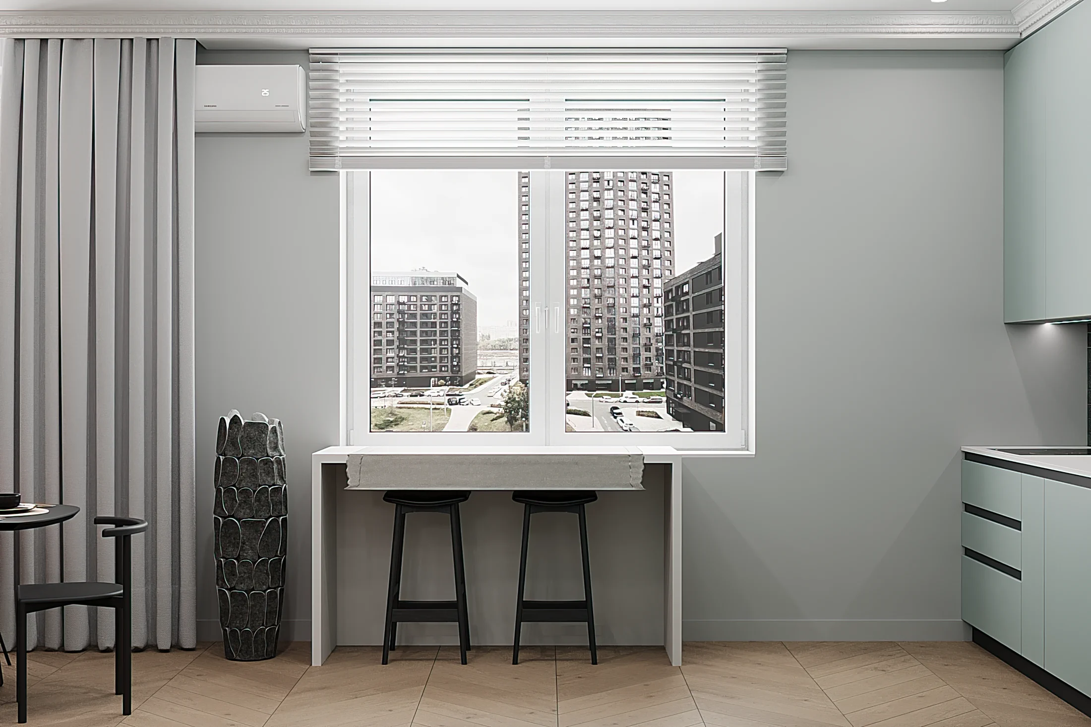 Heart of the Capital apartment, compact workspace by the window in neutral tones, ЖК «Сердце столицы», Москва, Россия