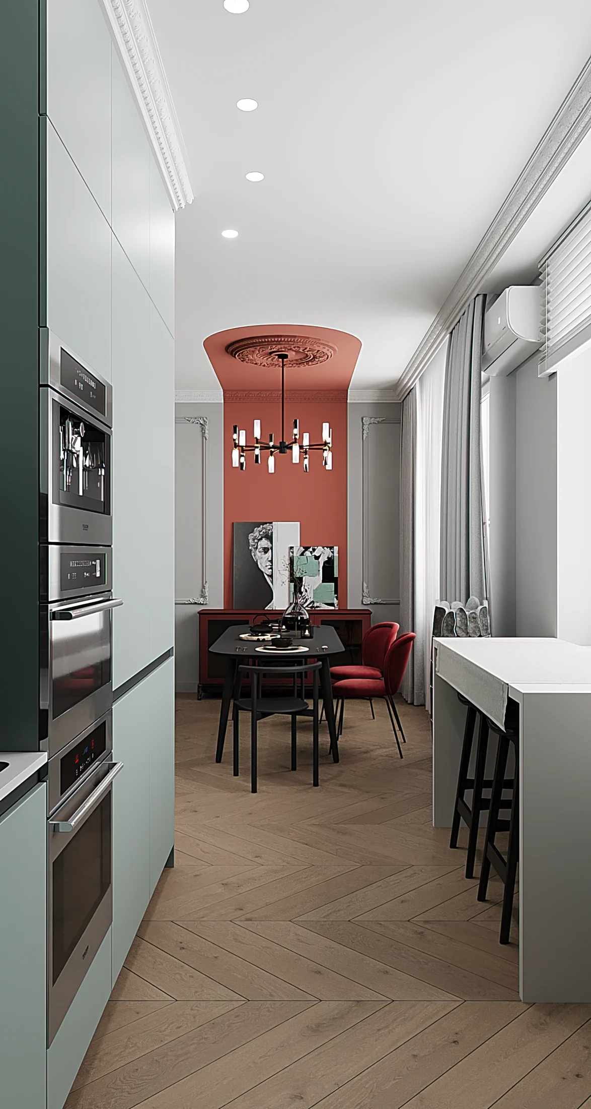 Heart of the Capital apartment, dining detail with red chairs and glossy cabinetry, ЖК «Сердце столицы», Москва, Россия